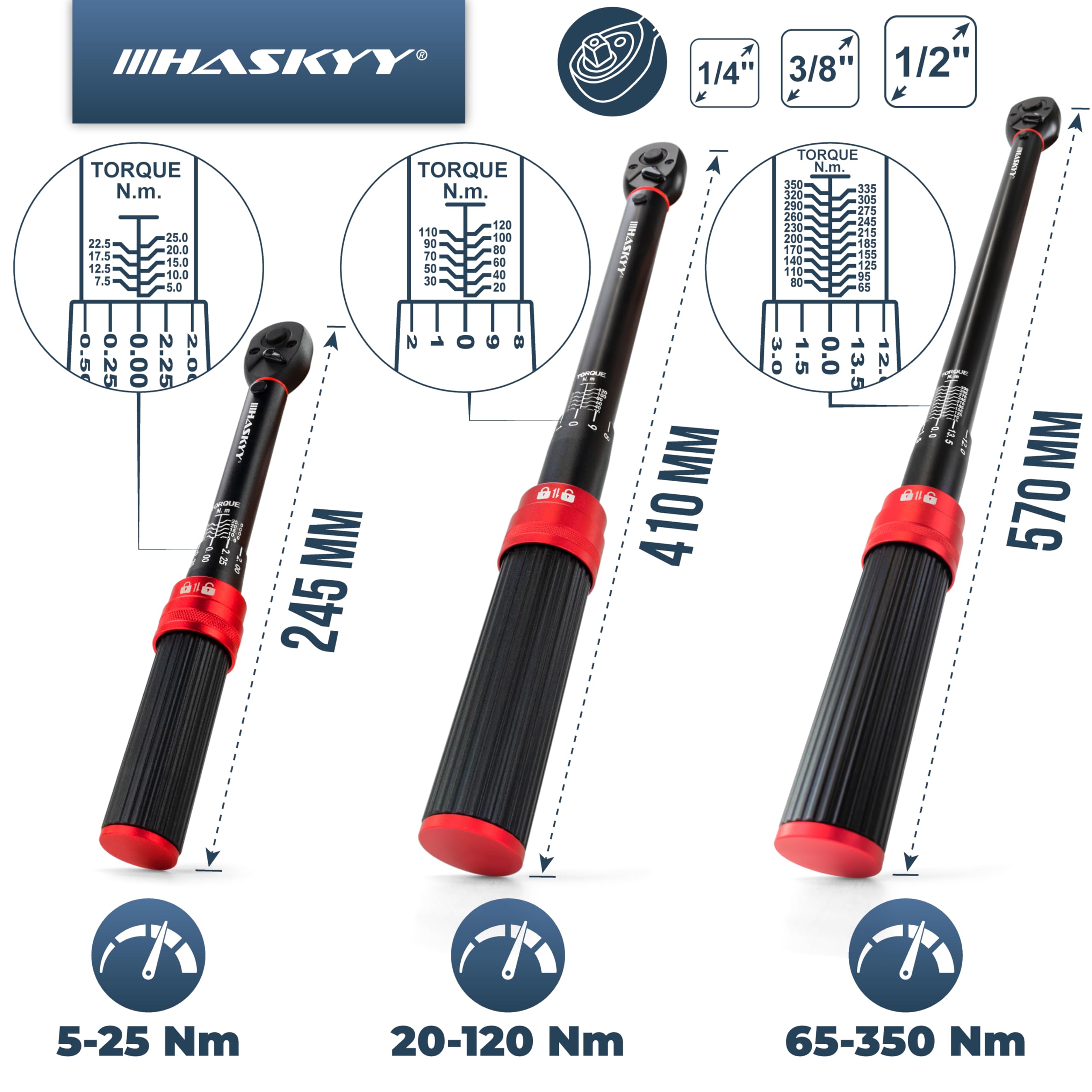 HASKYY Zestaw klucza dynamometryczny 1/4" 3/8" 1/2" 5-25 Nm 20-120 Nm 65-350 Nm, 3-częściowy rower motocyklowy, silnik, samochód przemysłowy, do samochodu, momentu obrotowego, grzechotki