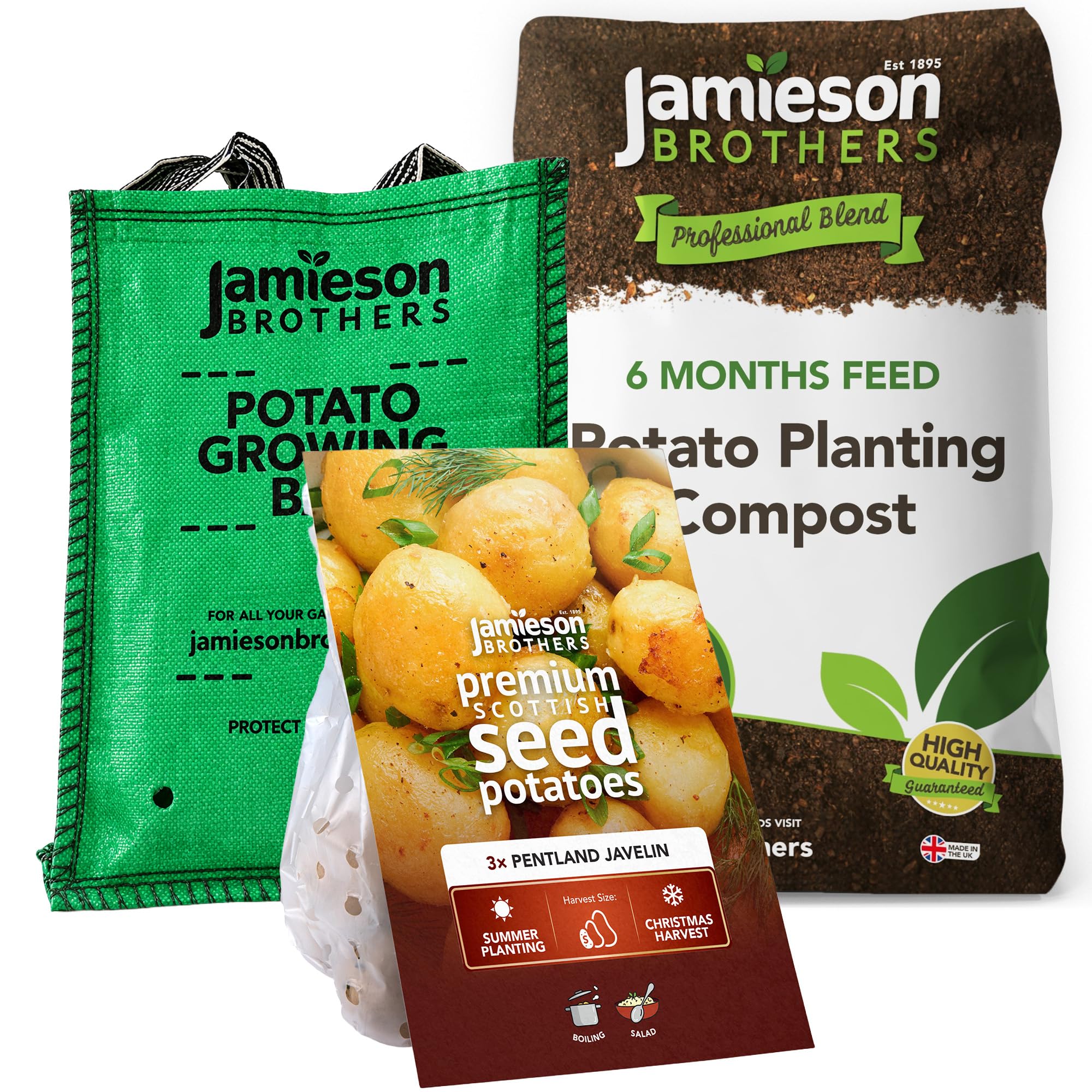 Pentland Javelin Summer Planting Seed Potato Kit, Christmas Harvest - 3 Tubers, 60L Potato Compost & Planter Bag by Jamieson Brothers