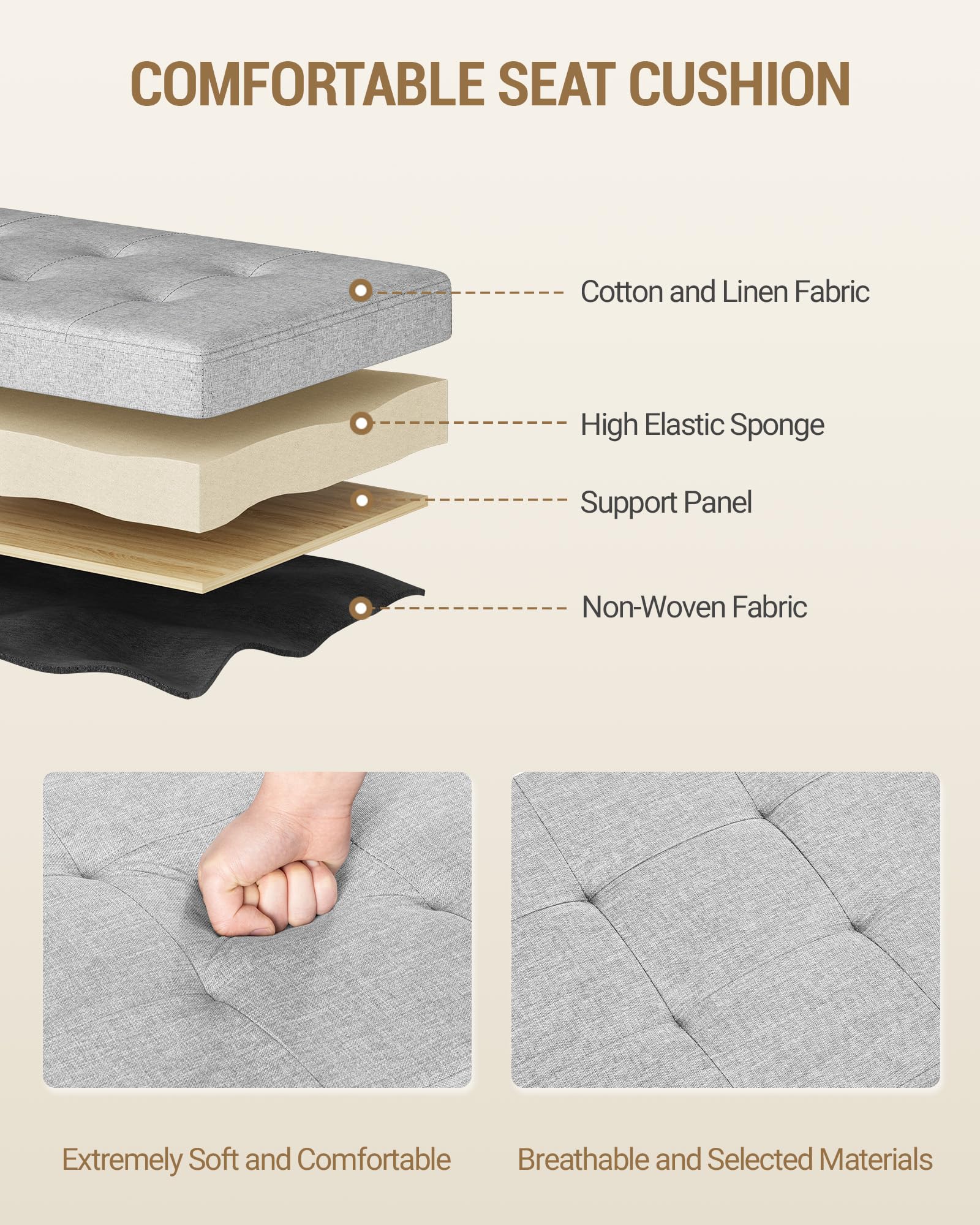 Hzuaneri Cassapanca contenitore da interno, Panca contenitore, Utilizzabile Come Portascarpe, con Cuscino in Lino, Adatta per Soggiorno, Ingresso e Atrio, 40 x 109 x 44,5cm, Bianco-Grigio SB01903GY