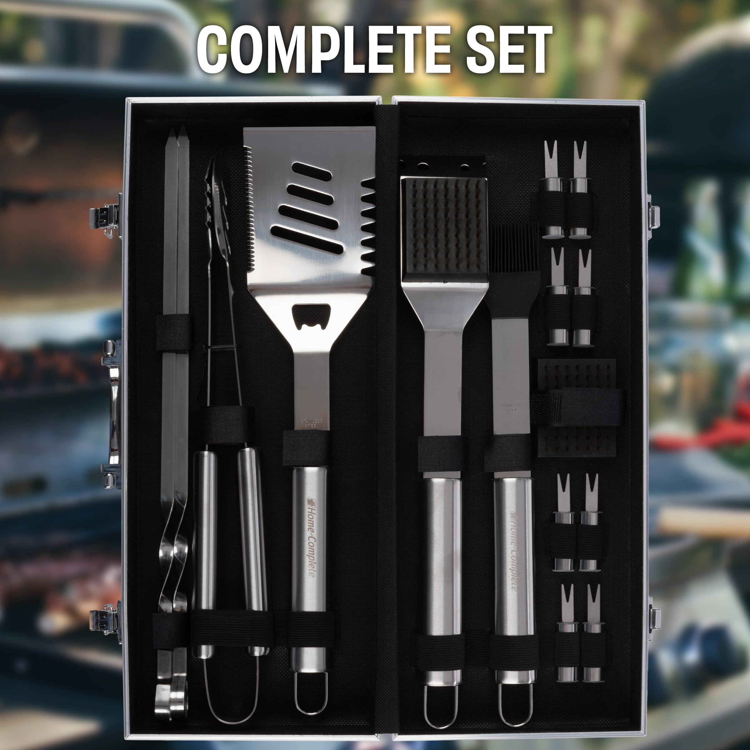 Juego de 16 utensilios para barbacoas y parrillas, de acero inoxidable con funda de aluminio, el juego de accesorios más completo para asar en exteriores