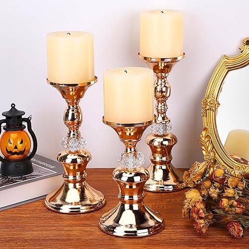 Miniatura 5 de OwnMy Juego de 3 portavelas de metal de oro rosa para velas de 3 pulgadas, elegantes soportes de velas de cristal de metal para mesa de comedor,