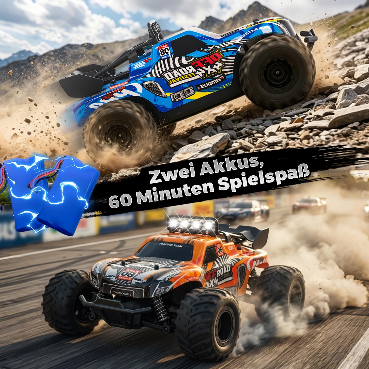 28km/h Ferngesteuertes Auto ab 5 6 jahre, 1:18 Monstertruck Ferngesteuert | RC Auto mit Licht, Ferngesteuertes Auto mit Zwei Karosserie, 2Akku 60 Minuten, 2,4GHz RC Buggy Rennauto ab 5 6 7 8 Jahre