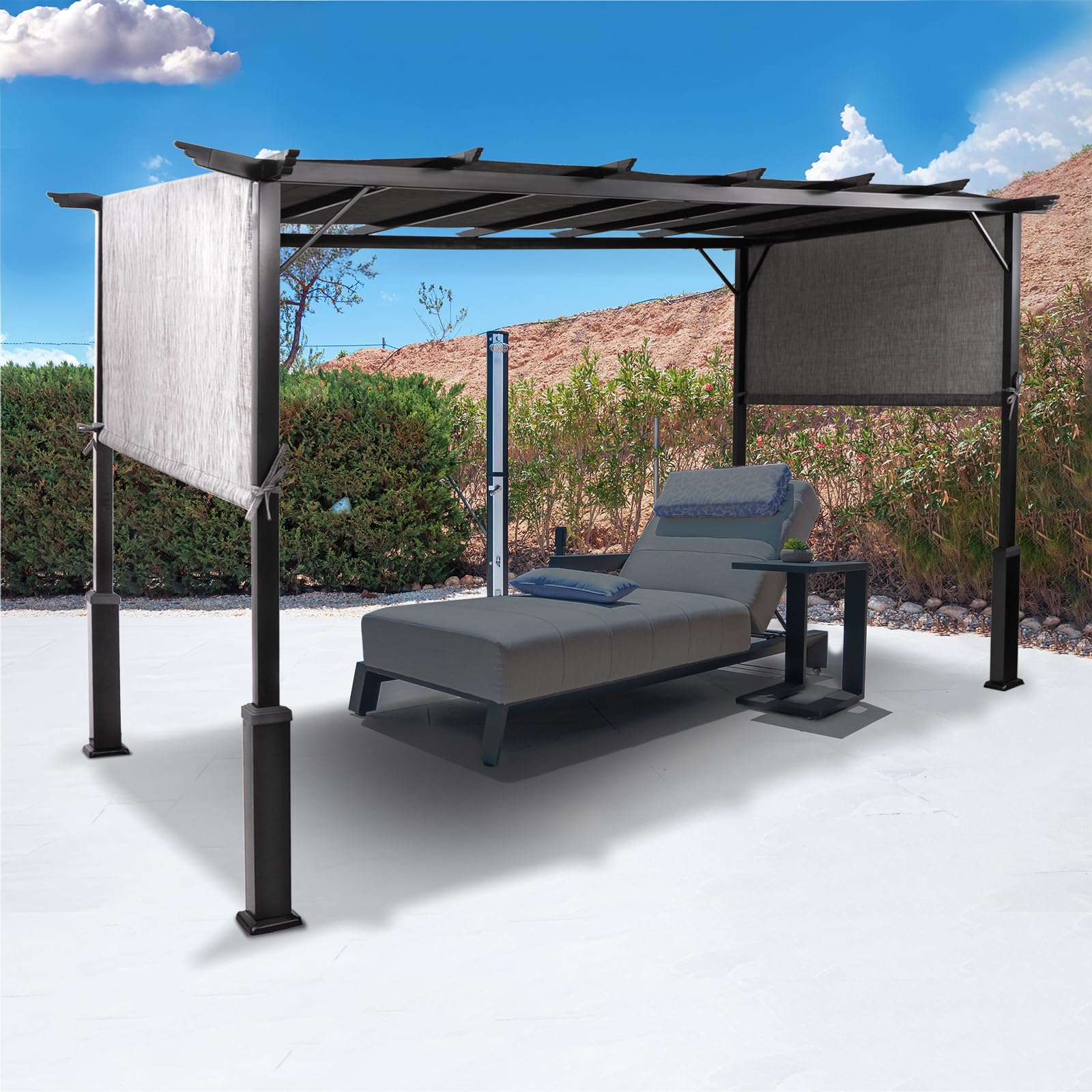 BACKYARD EXPRESSIONS PATIO · HOME · GARDEN 12 x 9 Metal Flat Top Pergola with Adjustable Grey Sling Top