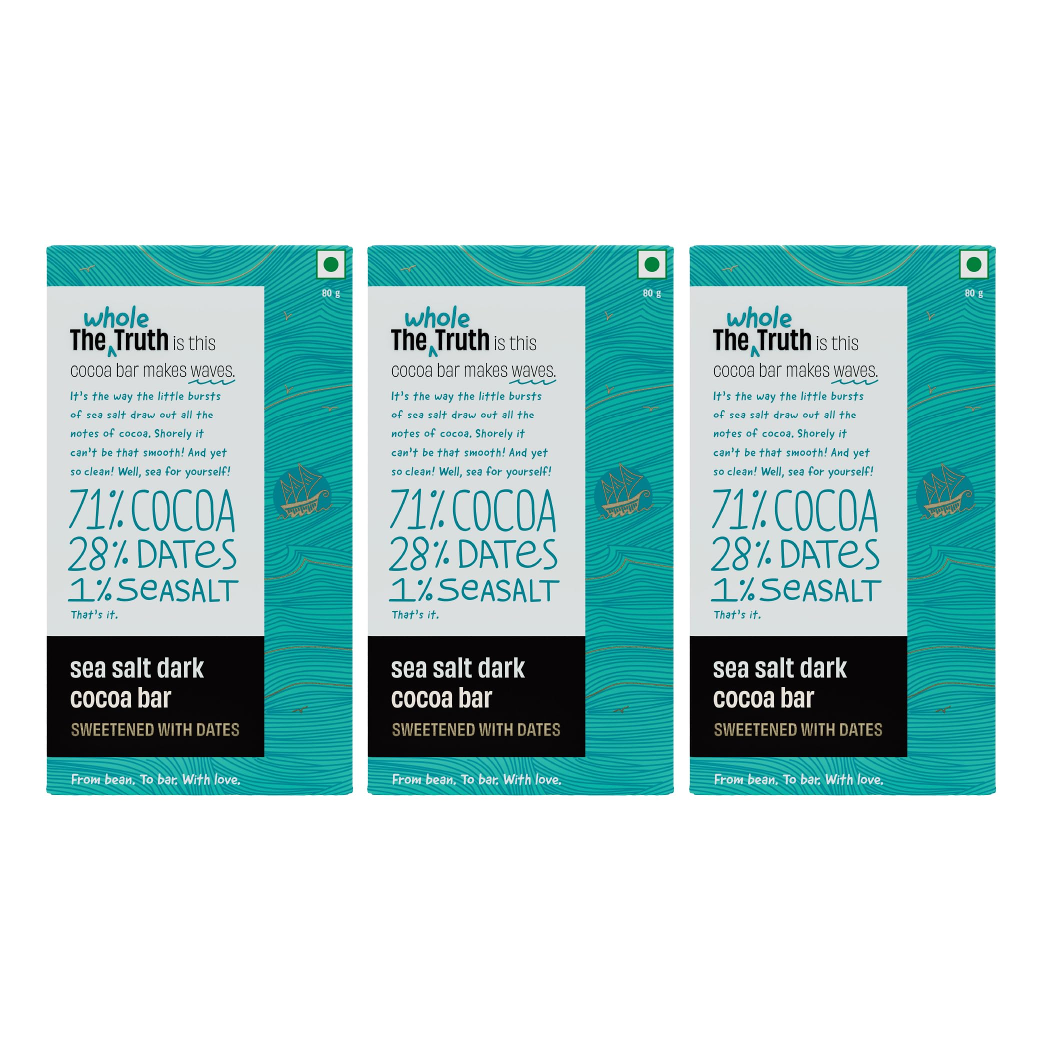 Dark Chocolate - Sea Salt | Pack Of 3 X 80 Gram |Sweetened Only With Dates | 79% Cocoa, 29% Dates, 1% Sea Salt | No Artificial Flavours | Portion Controlled | 100% Vegetarian