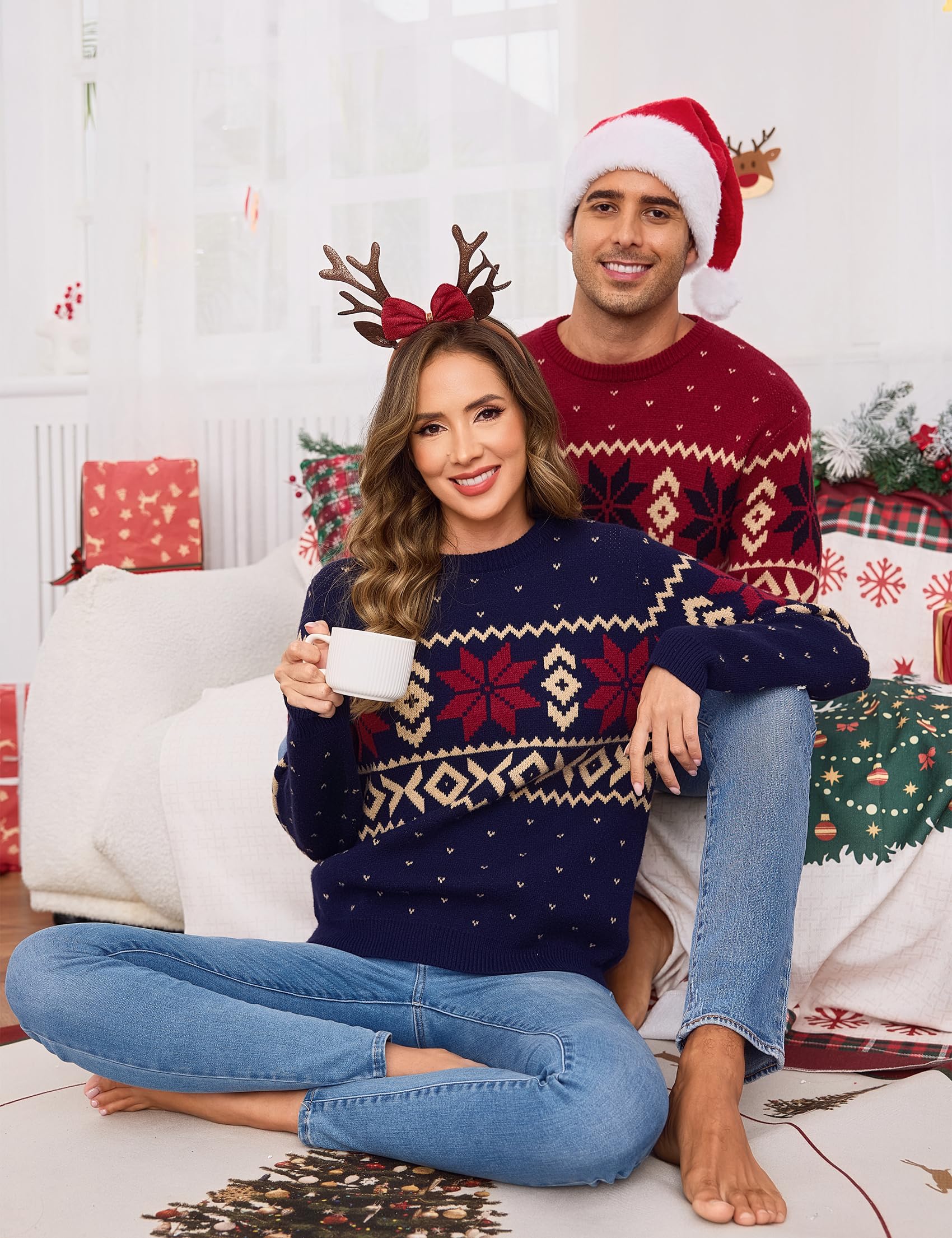 Terecey Jersey Navideño Mujer Gracioso Cálido Invierno Suéter Navideño con Estampado con Santa Claus y Copos de Nieve Ropa Navidad Merry Christmas 2025