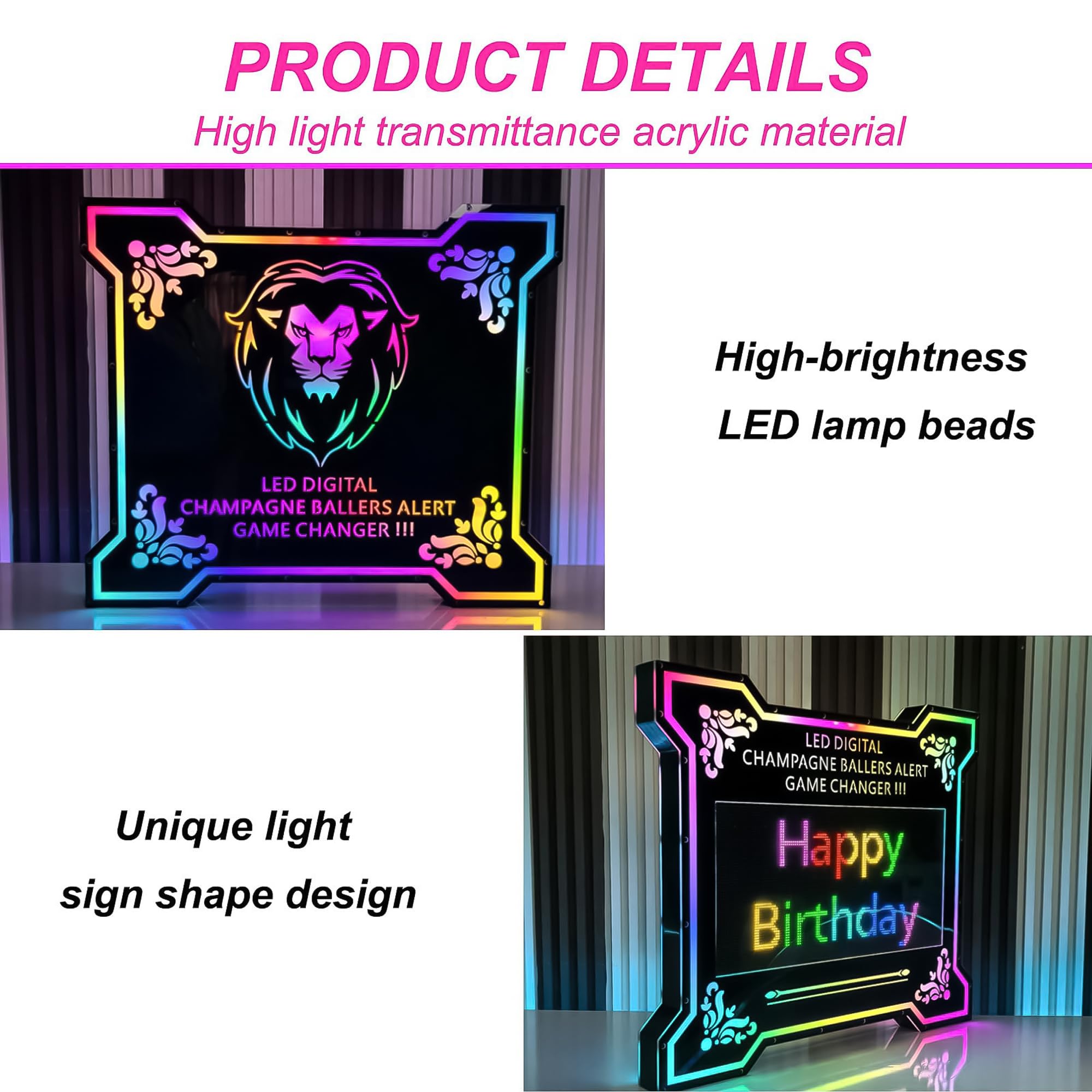 Letrero Bar LED con Texto Desplazable Personalizable - Marco Acrílico Luminoso, Control por App Móvil, Luces RGB para Servicio VIP, Discotecas y Fiestas Crown Design