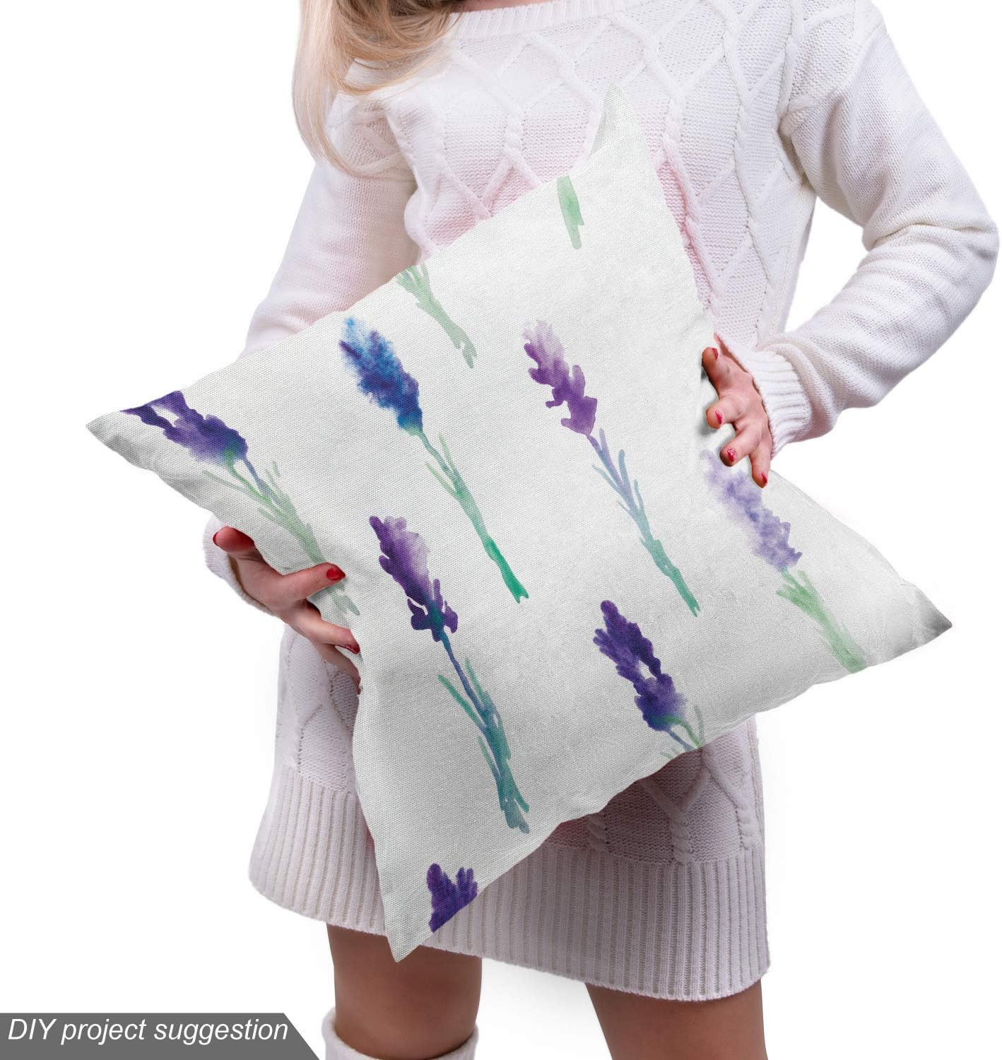 Lunarable Lavender Fabric by The Yard, Abstract Watercolor Art Style Flowers on Stems Springtime Nature, Decorative Fabric for Upholstery and Home Accents, 2 Yards, Turquoise Navy