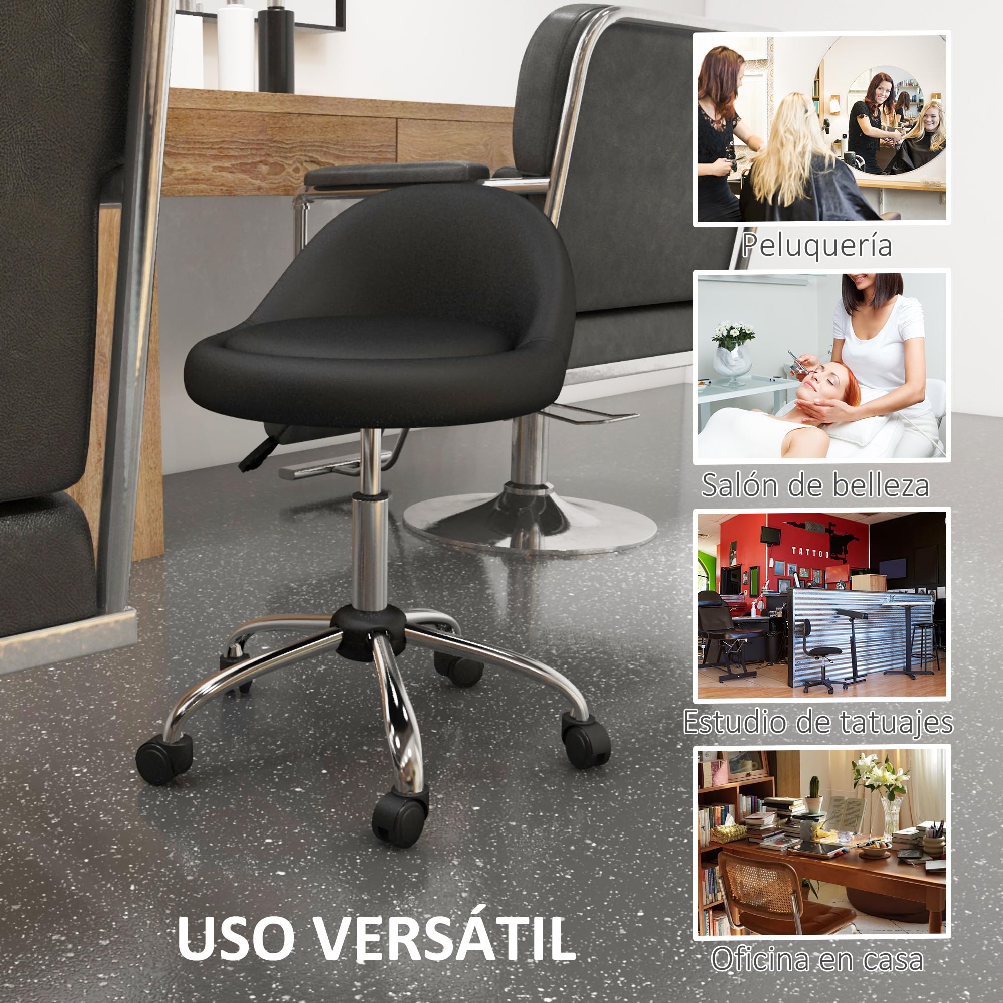 HOMCOM Taburete con Ruedas, Taburete Giratorio Cosmético con Altura Ajustable, Cuero Sintético, Asiento Acolchado y Amplio, para Dentista y Peluquería, Carga 120 kg, Ø50x63-83 cm, Negro