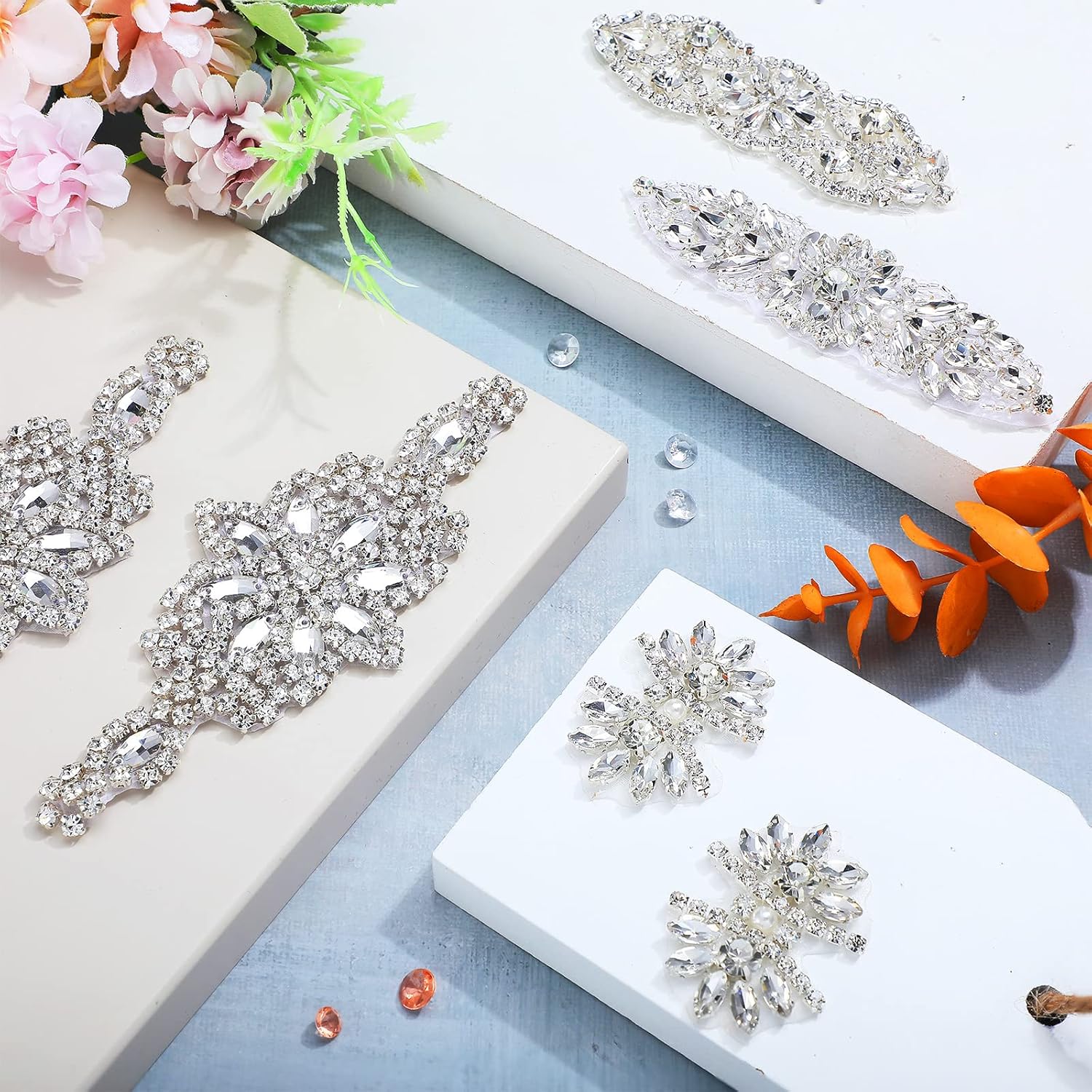 XunYee 6 Pcs Crystal Rhinestone Applique Silver Wedding Applique Iron on Rhinestone Hair for Bridal Wedding Dress Clothes Shoes