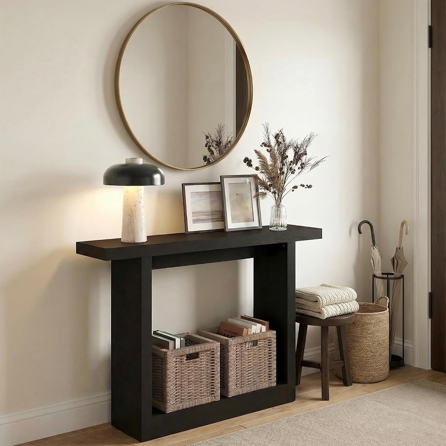 Furinno ARA Entryway Table 47-Inch, Narrow Farmhouse Console Table, Thick Frame Sofa Table with Wide Shelf, Couch Table Behind Sofa, Entryway Table for Entrance, Hallway, Living Room, Black Dark Oak