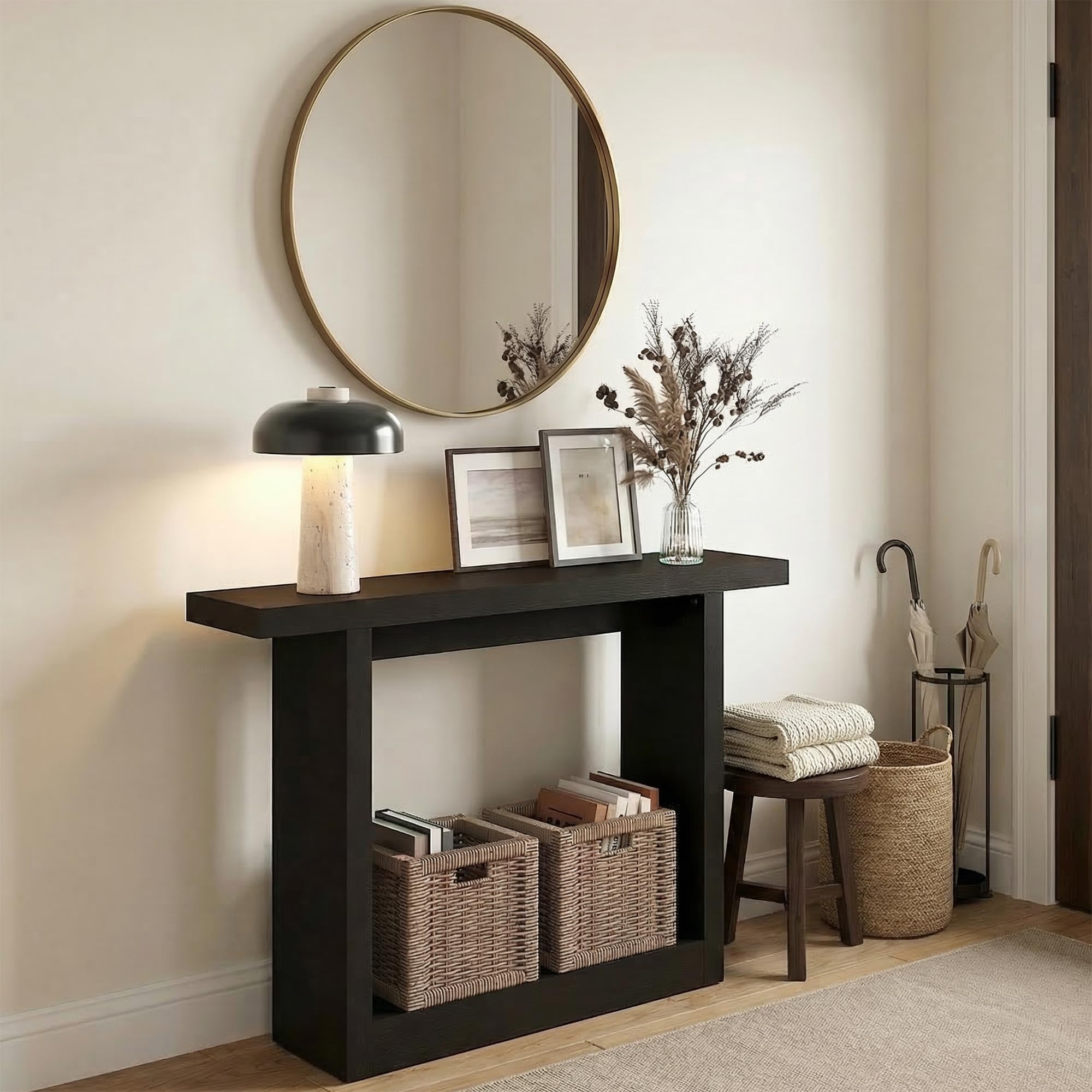 Furinno ARA Entryway Table 119.4cm, Narrow Farmhouse Console Table, Sofa Table with wide Bottom Shelf, Couch Table Behind Sofa, Entryway Table for Entrance, Hallway, Living Room, Black Dark Oak