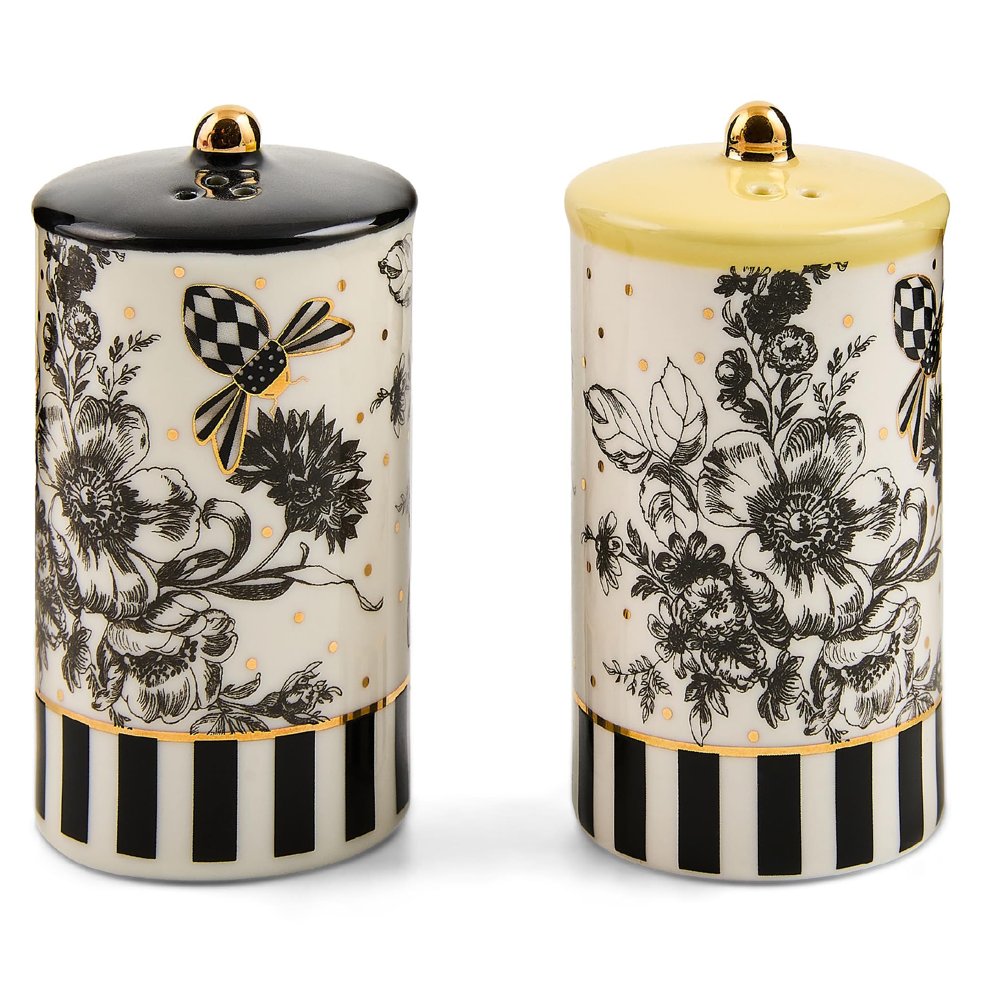 MACKENZIE-CHILDS Porcelain Salt and Pepper Shaker Set, Ceramic Salt and Pepper Holders, Bee Toile