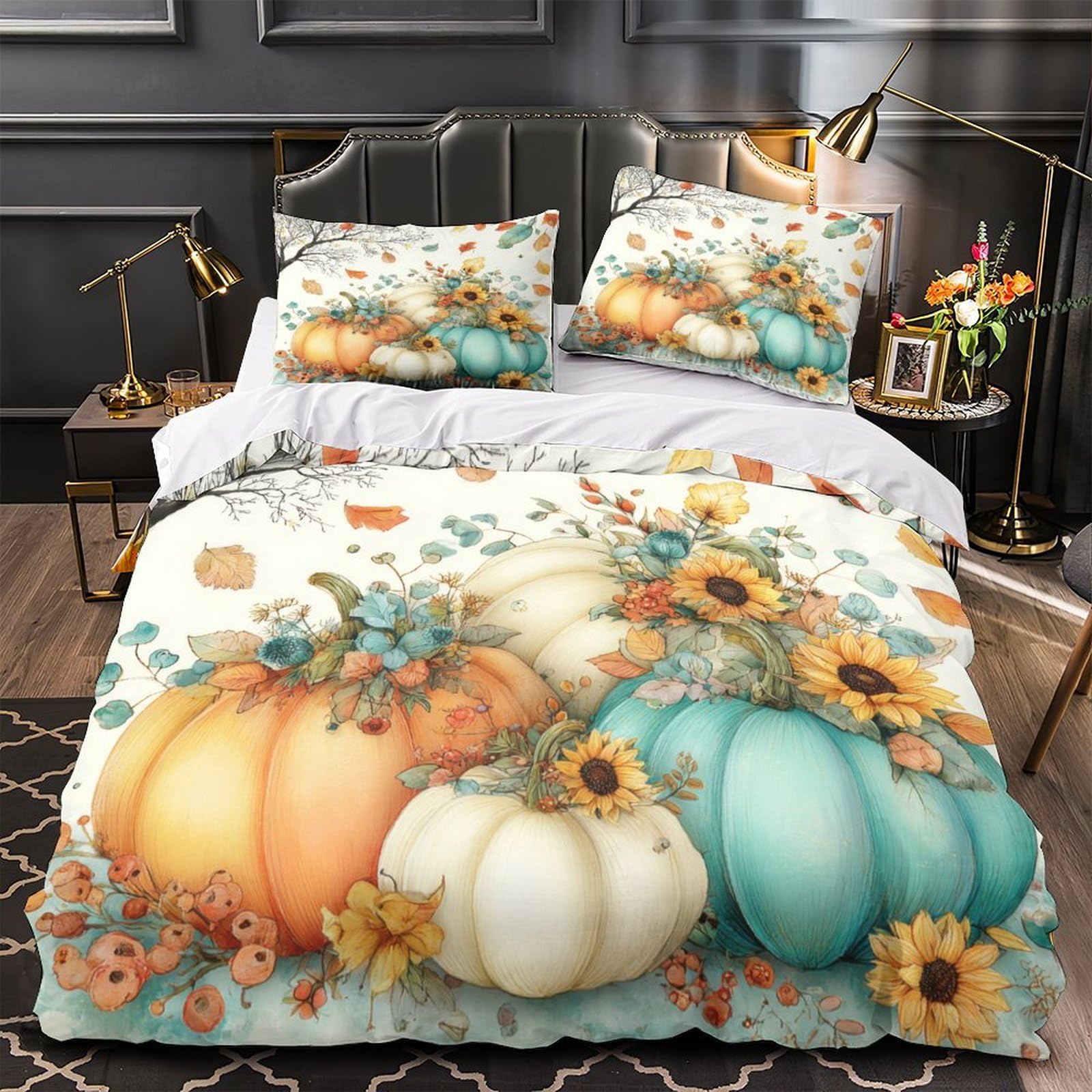 Housse de couette 220x240 motif automne en microfibre avec fermeture éclair King