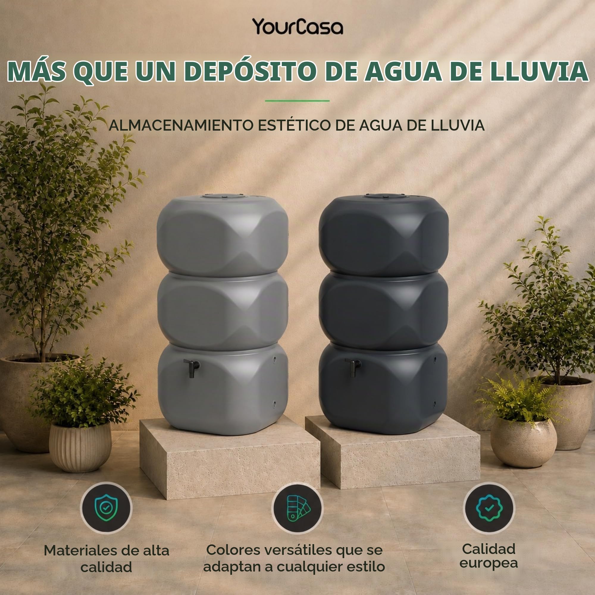 YourCasa Tanque de lluvia de 320 litros [Aquablock] incluye conector para bajante, grifo y tapa, barril de agua de forma cuadrada, a prueba de heladas, depósito de agua de lluvia, para jardín (gris)