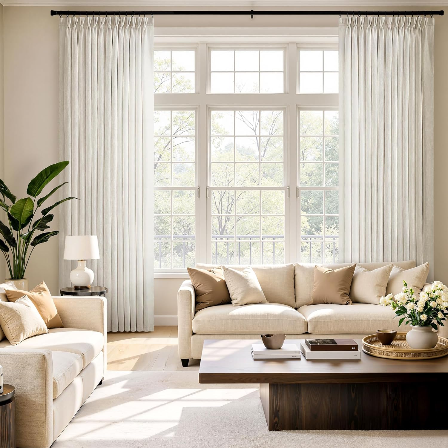 MIULEE Pinch Pleated Natural Linen Curtains 102 Inches Long 2 Panels for Bedroom Living Room, Soft Thick Linen Textured Window Drapes Back Tab Hooks Semi Sheer Light Filtering Neutral Farmhouse Cream