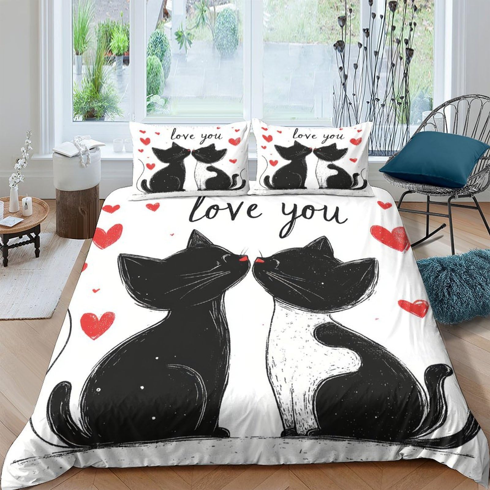 Ctjqhvkz Style-7 3D Printed Black Cat Love Fitted Sheet Microfiber Soft Heart Pattern Bed Cover For Bedroom Dorm Mattress Decor Single（135X200cm）