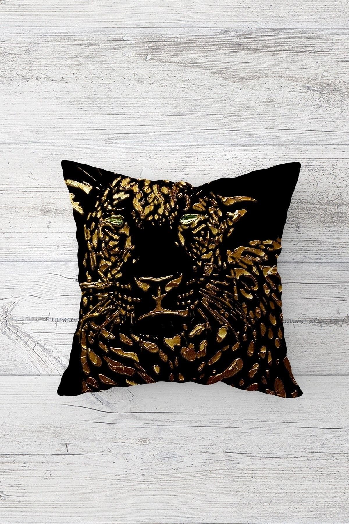 Pelangi Gold Leopar Ve Kaplan Desen Gizli Fermuarlı Kırlent Kılıfı Koltuk Yastık Kılıfı Takım(4adet), Gold-Siyah 45 x 45