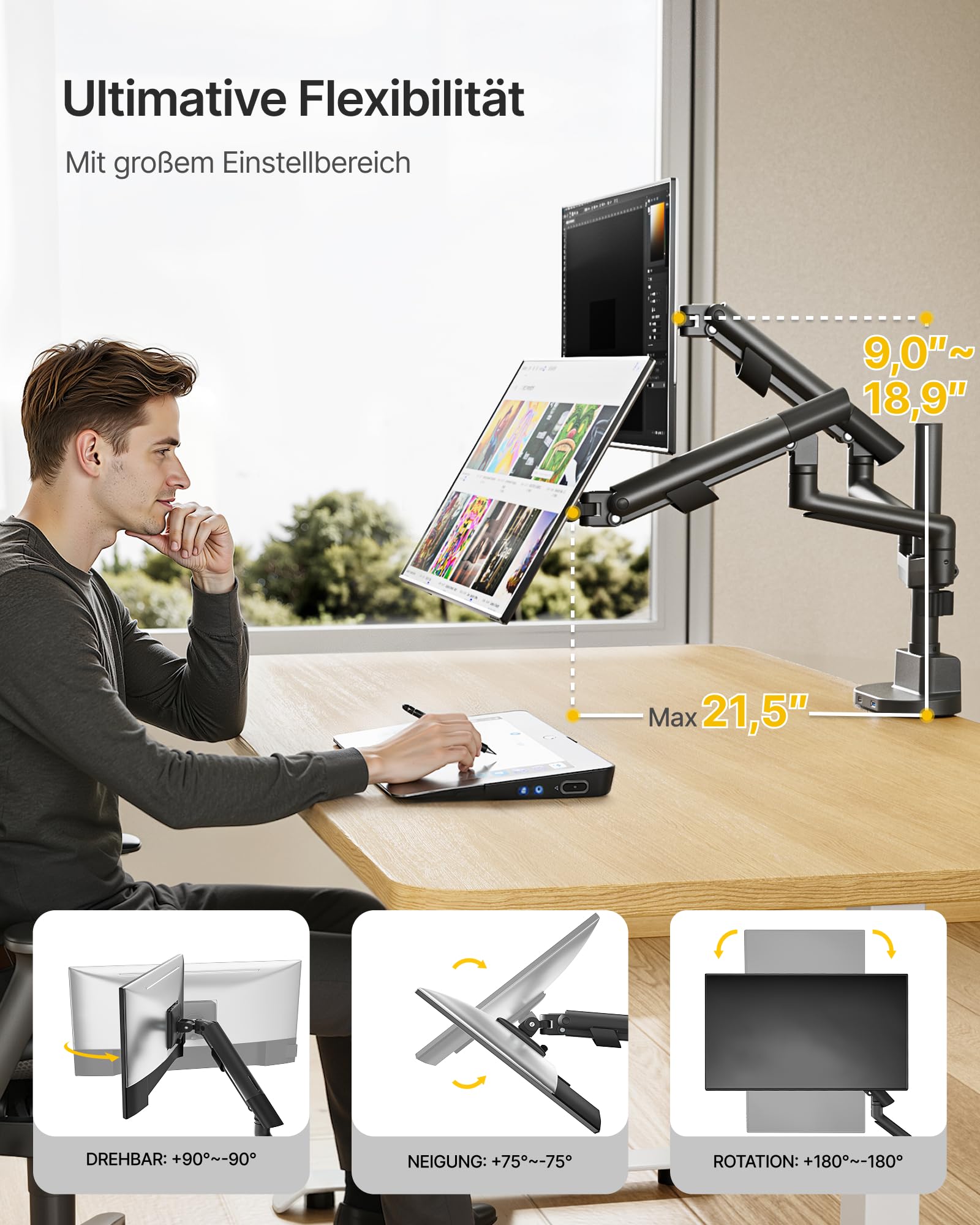 monTEK Brazo Monitor Doble con USB A/C 3.0 para Monitore de 17a 35 Pulgadas | Soporte de Doble Pantalla Resistente hasta 11kg, Brazo Articulado Inclinable y Giratorio, VESA 75/100mm, Negro