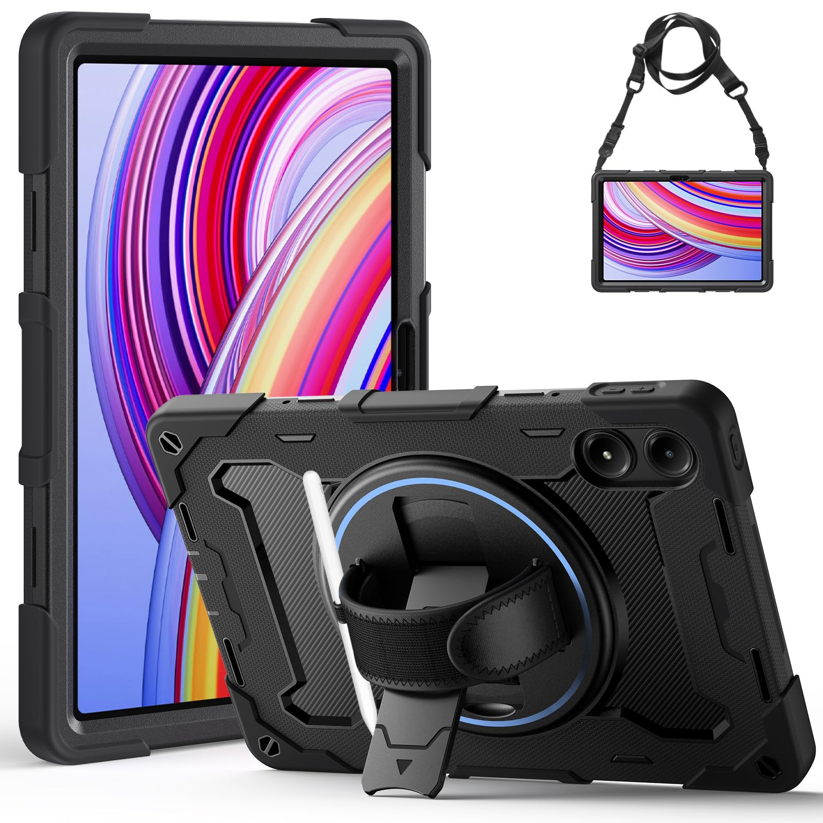 Gerutek Cover per Xiaomi Redmi Pad Pro 12.1 Pollici 2024 / Xiaomi Poco Pad, Custodia Robusta Antiurto con Cavalletto Girevole 360° e Cinghia a Mano/Spalla/Portapenne per Redmi Pad Pro 12.1, Nero