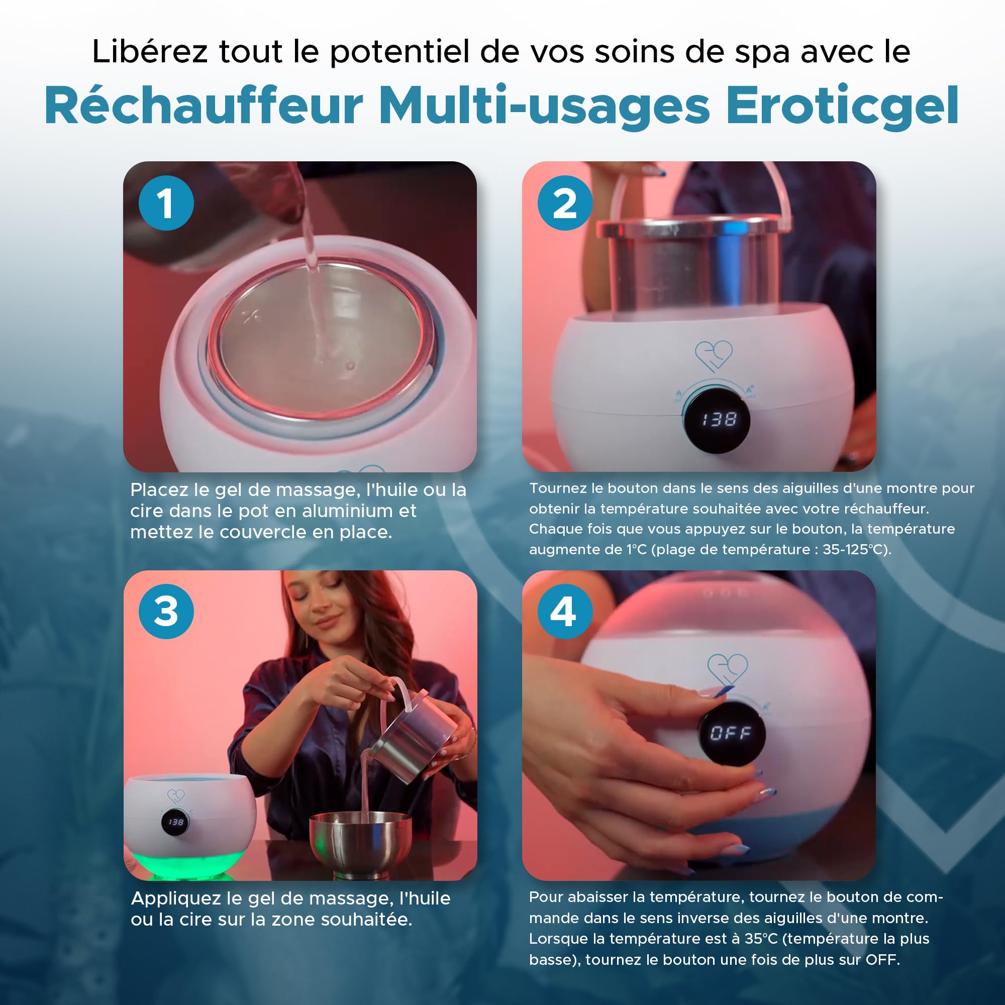 Chauffe-gel et huile de massage électrique, fondoir à cire, pot en aluminium 500ml, réglage température 35-125°C, écran LCD
