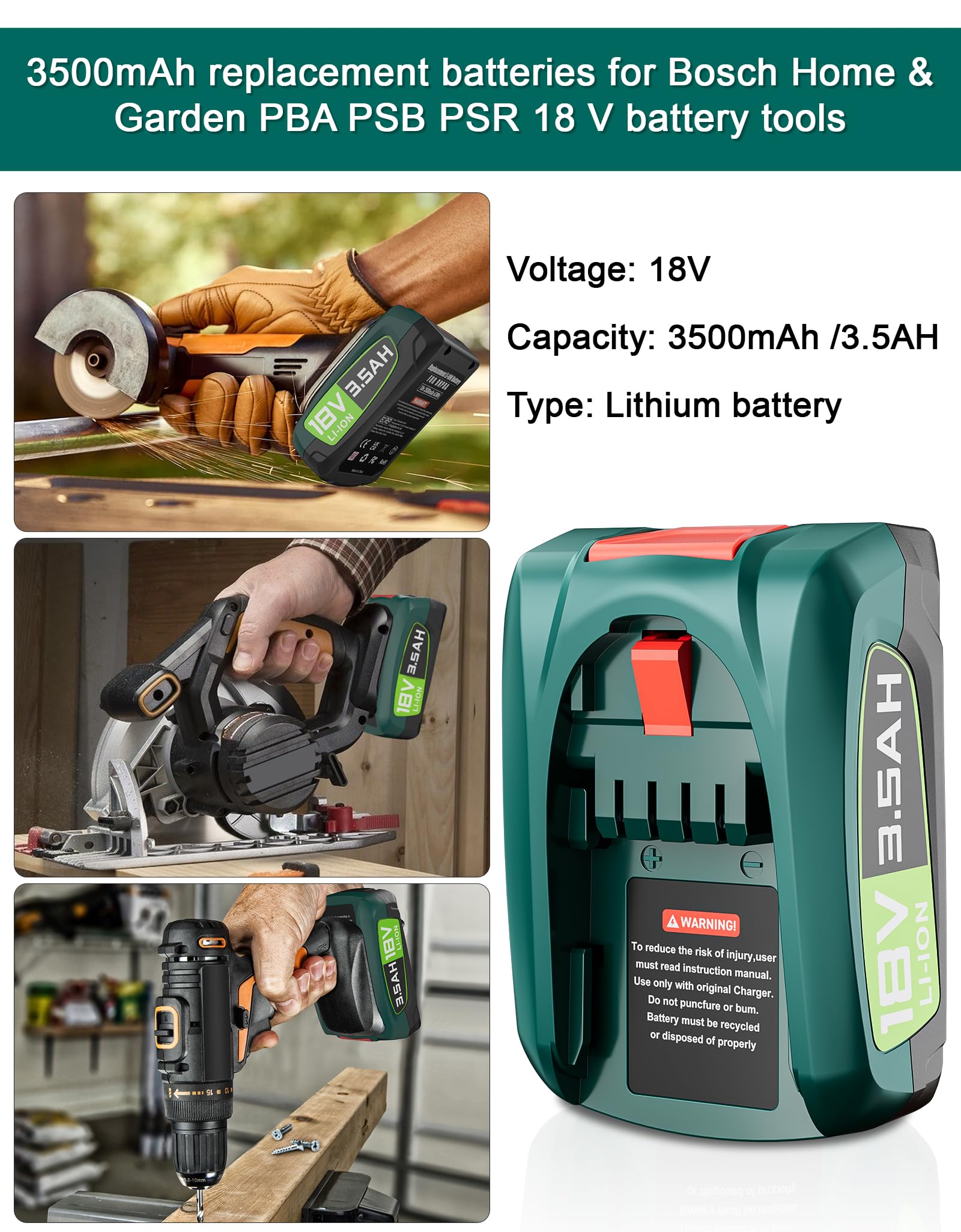 2 batterie di ricambio da 3,5 Ah 18 V PBA, compatibili con Bosch Home & Garden, Gardena, Gloria, Wagner, Rapid (non per aspirapolvere Unlimited), batteria di ricambio agli ioni di litio per PSR PSB
