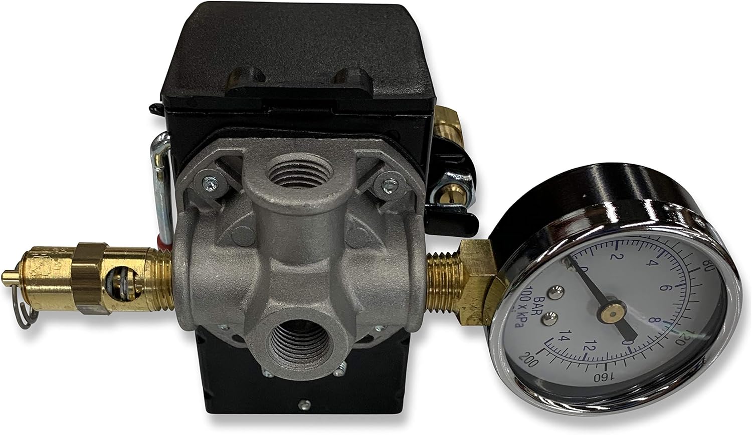 25 AMP Air Compressor Pressure Switch 4 Port 95-125 PSI w/Side Mount 0-200 PSI Gauge 150 PSI pop off valve