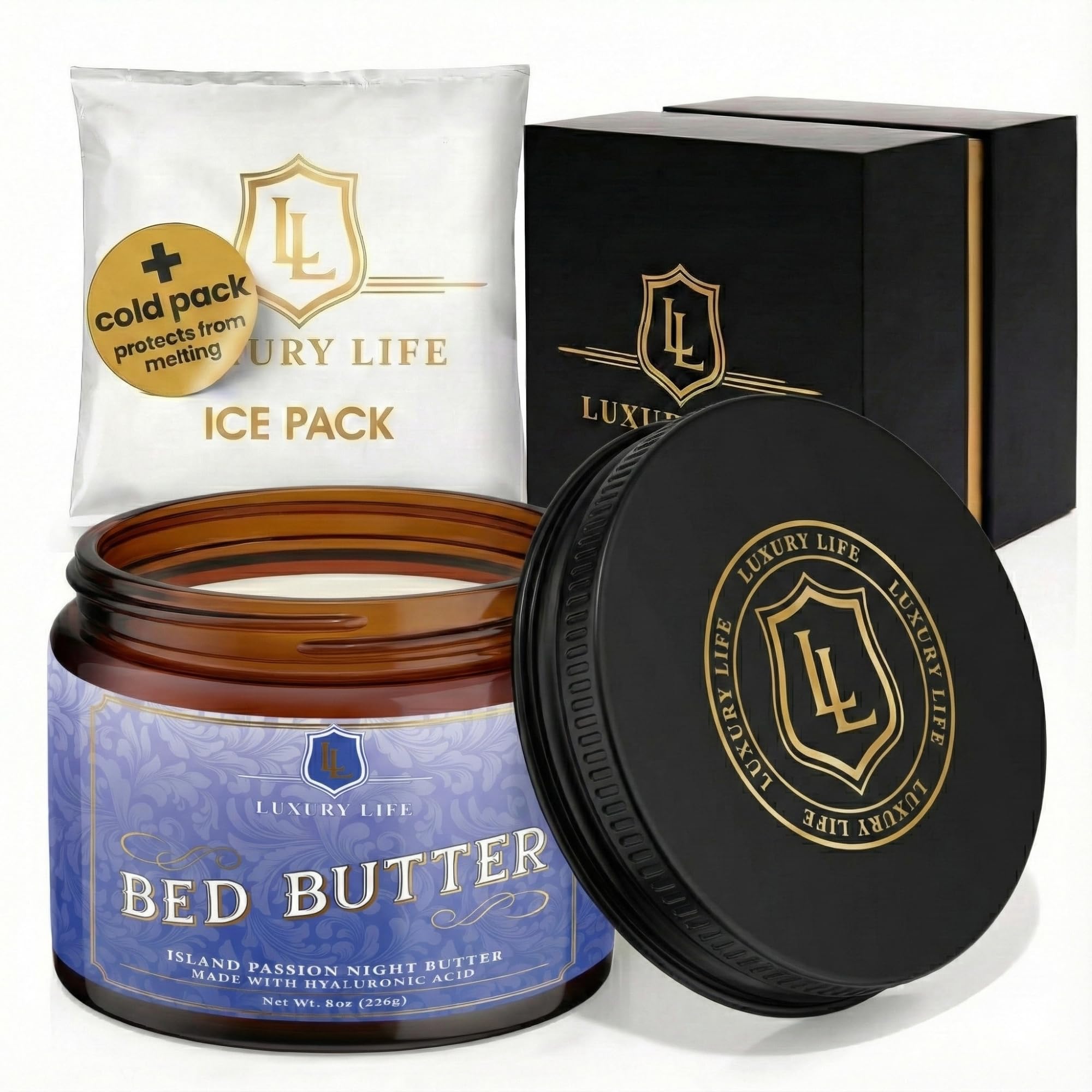 - LUXURY LIFE Bed Butter - Irresistibly Fragranced Mood-Enticing Butter Infused with Hyaluronic Acid. Extra Rich Calming Nighttime Moisturizer for Sensual Stimulating Experience (Island Passion, 8 oz)