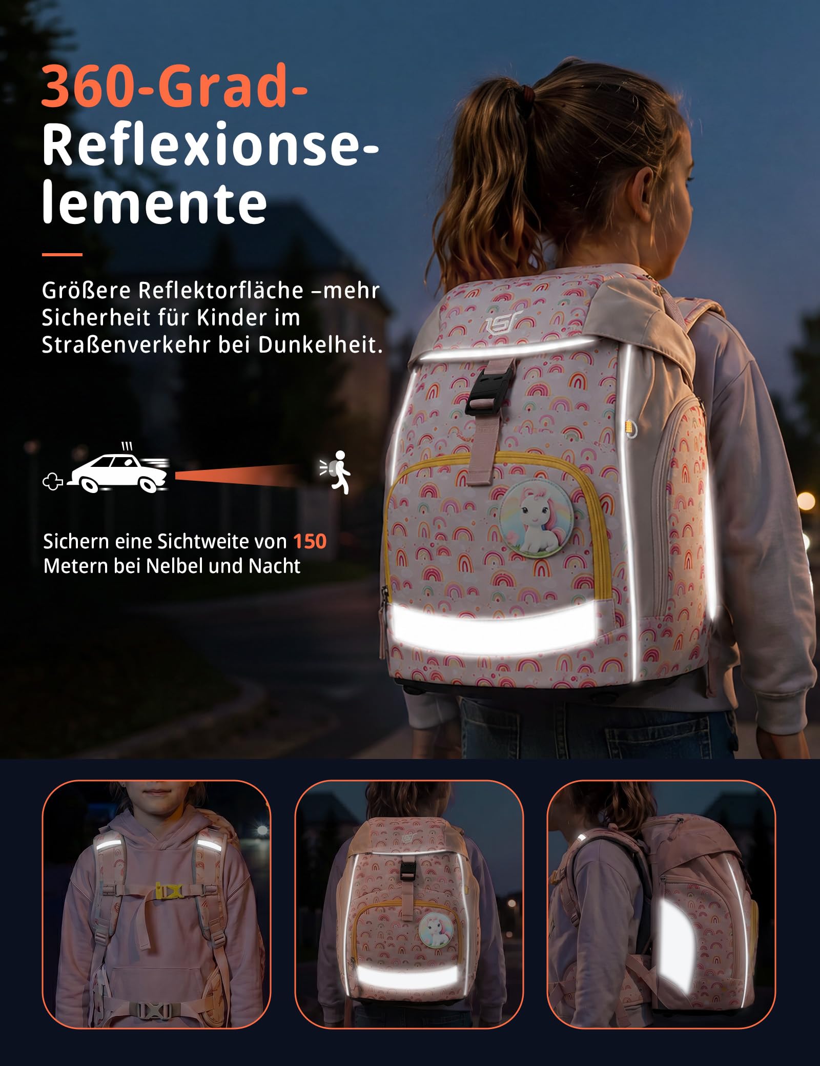SKYSPER Set Zaino Ergonomico per Bambini 5 Pezzi Set per la Scuola Zaino con copripioggia e strisce riflettenti Prima Elementare Viaggio Scuola Sport Attività all'Aperto