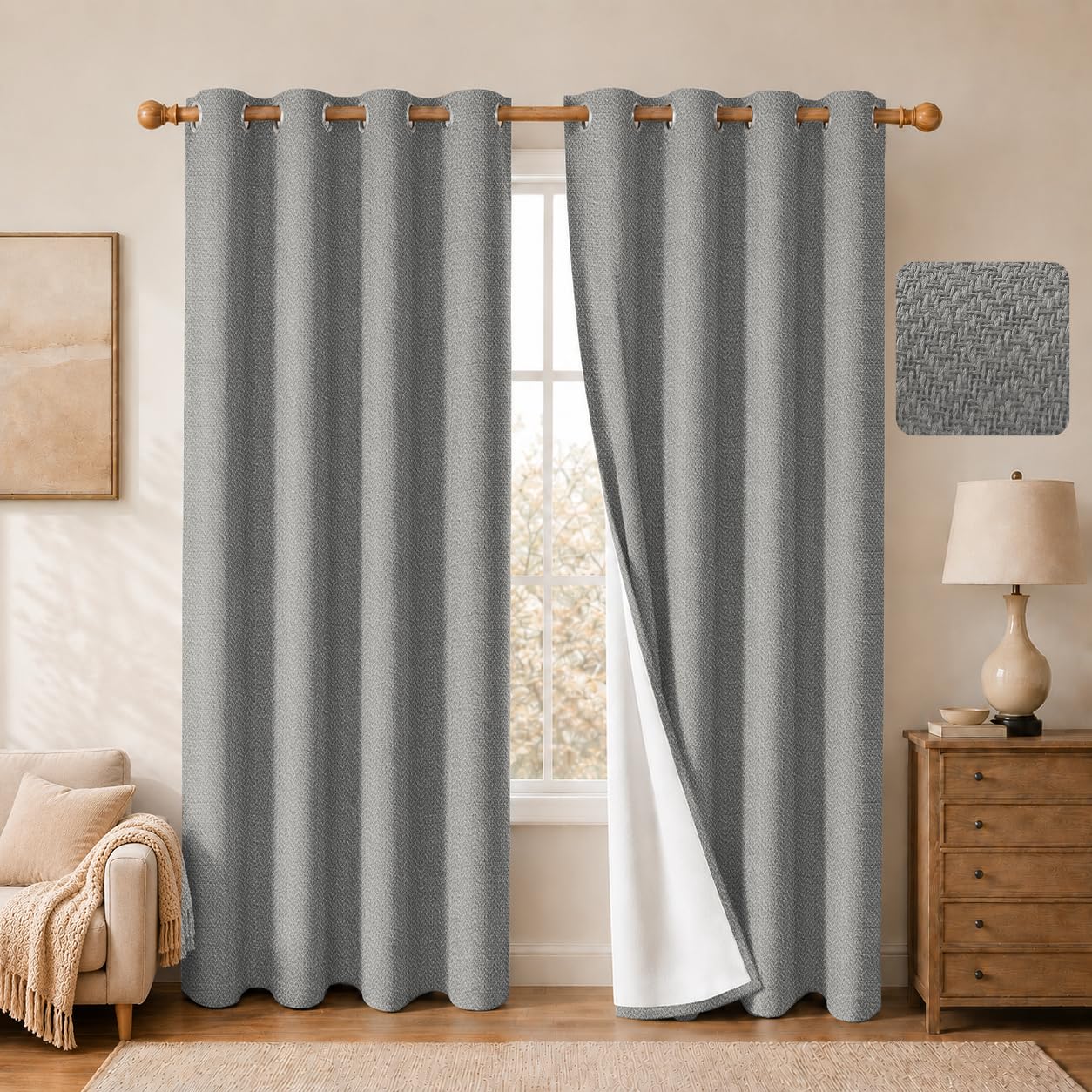 2 Panels 100% Blackout Linen-Textured Grommet Curtains