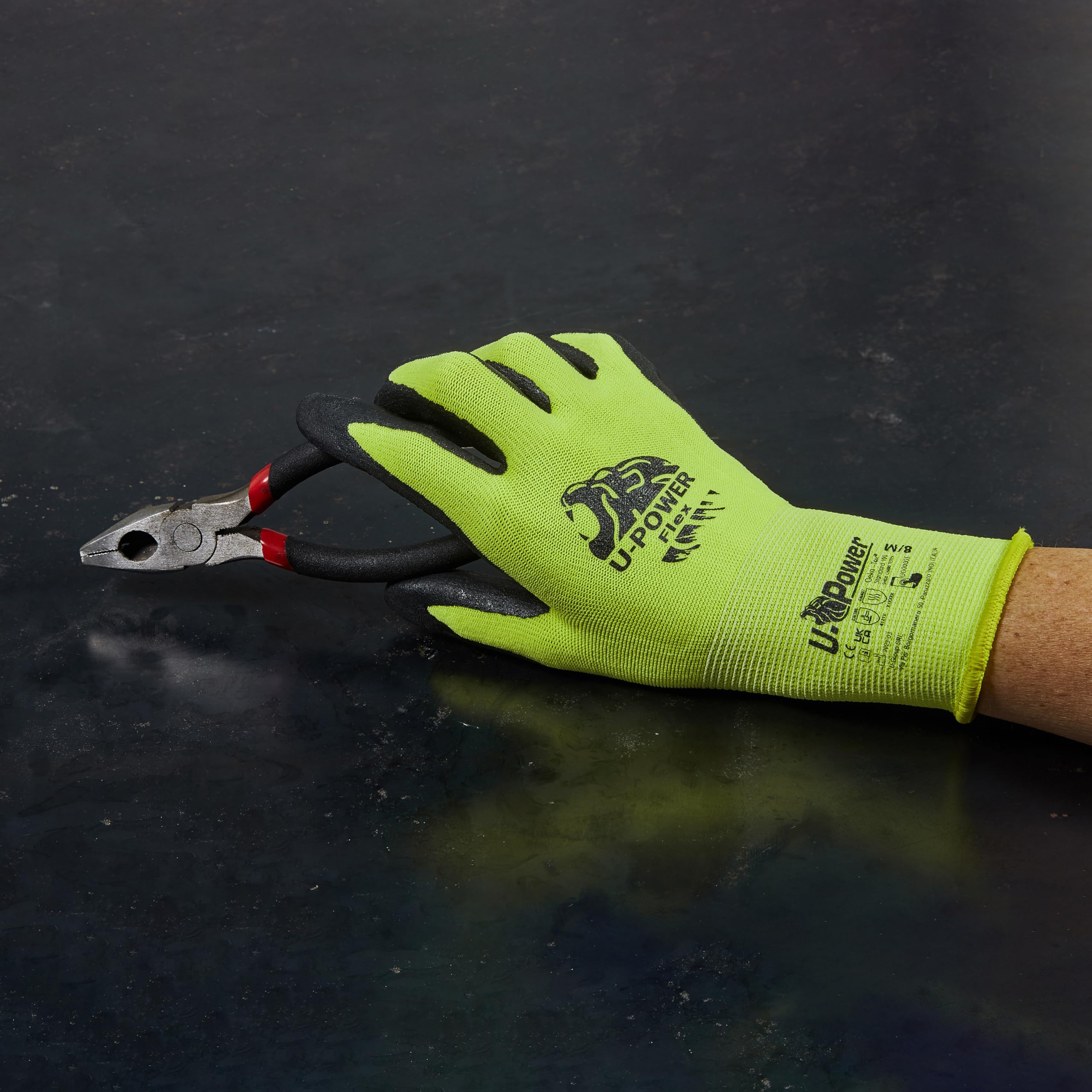 U Power Flex Guantes de trabajo de seguridad Nylon elástico Spandex Recubrimiento de soporte Nano espuma de nitrilo Pantalla táctil Protección térmica contra riesgos mecánicos Verde 9/L 12 piezas