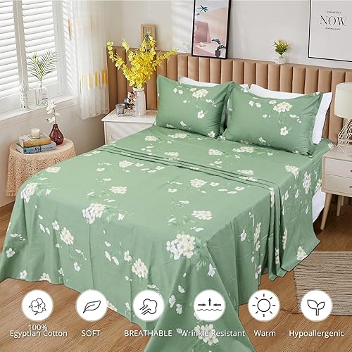 Miniatura 5 de Juego de sábanas florales tamaño Queen, juego de sábanas de algodón ultrasuave y transpirable con sábana bajera de bolsillo profundo, sábana