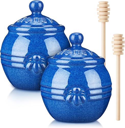Rtteri Tarro de cerámica para miel, 2 unidades, 8 onzas, recipiente dispensador de miel en relieve con tapa y recipiente dispensador de miel en