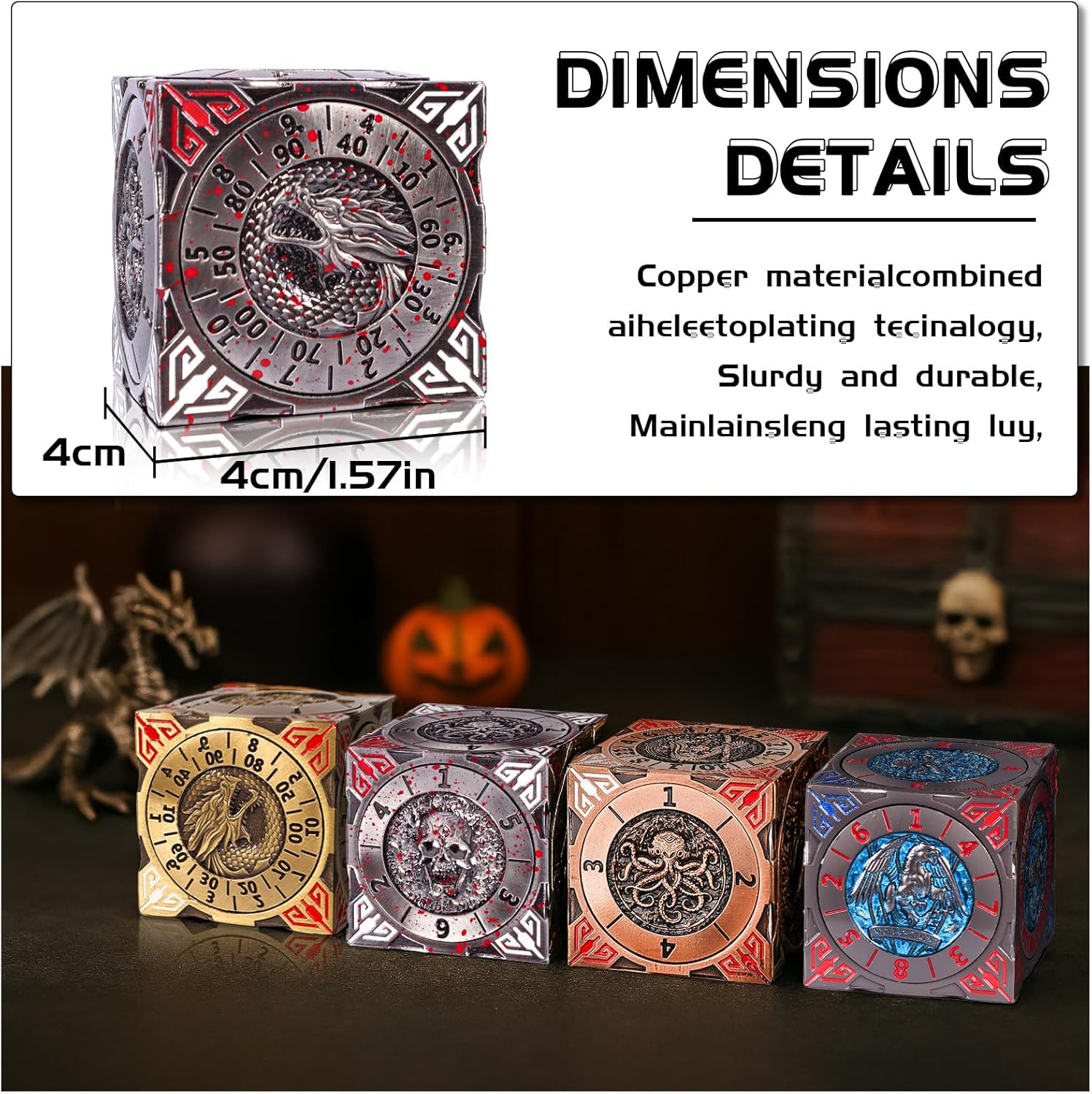 7 in 1 Spinner DND Dice Set, Metal Roulette DND Dice with 3D Relief for Dungeons and Dragons, Premium Unique Dice Spinner for DM & Tabletop Games RPG Players (Blood Silver)