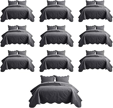 IR Imperial Rooms 10 Pack Twin Quilt Bedding Set (68" x 86") - Bulk Wholesale for Hotels, Guest Bedroom & Airbnbs - Lightweight Microfiber Reversible Floral Embossed Quilts Bedspreads (Charcoal)