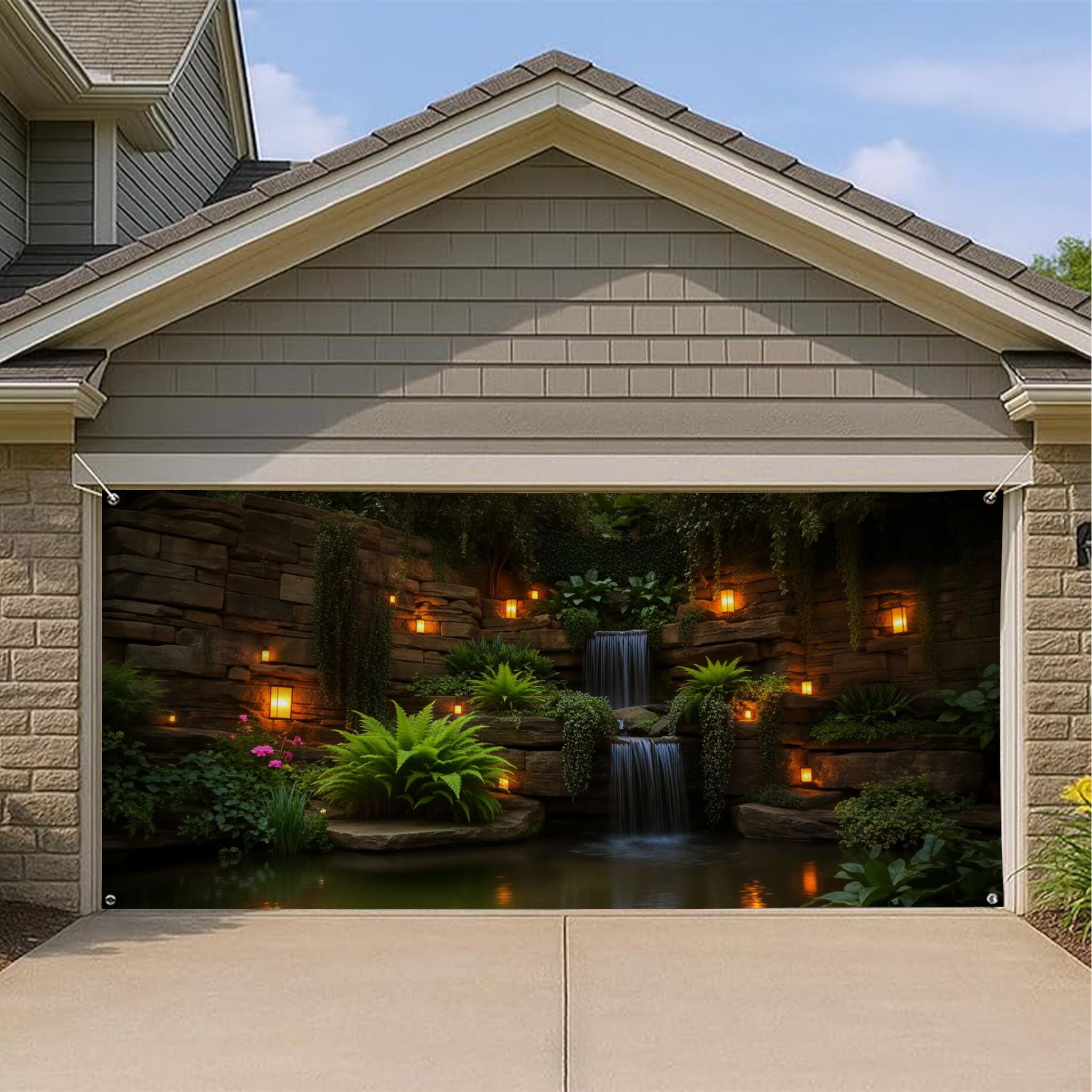 Couverture de porte de garage cascade décorative grand format 400x180 pour façade extérieure