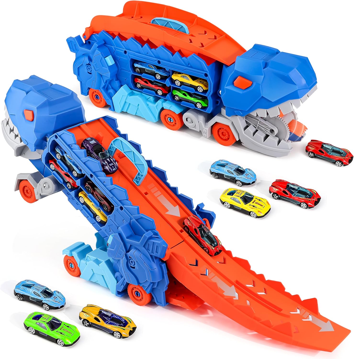 Dinosaur Transport Truck with 6 Racing Cars - Dinosaur Truck with Foldable Sliding Ramp - Dino Birthday Gift Toys for 3 4 5+ Year Old Boy - Toddler & Kids.
