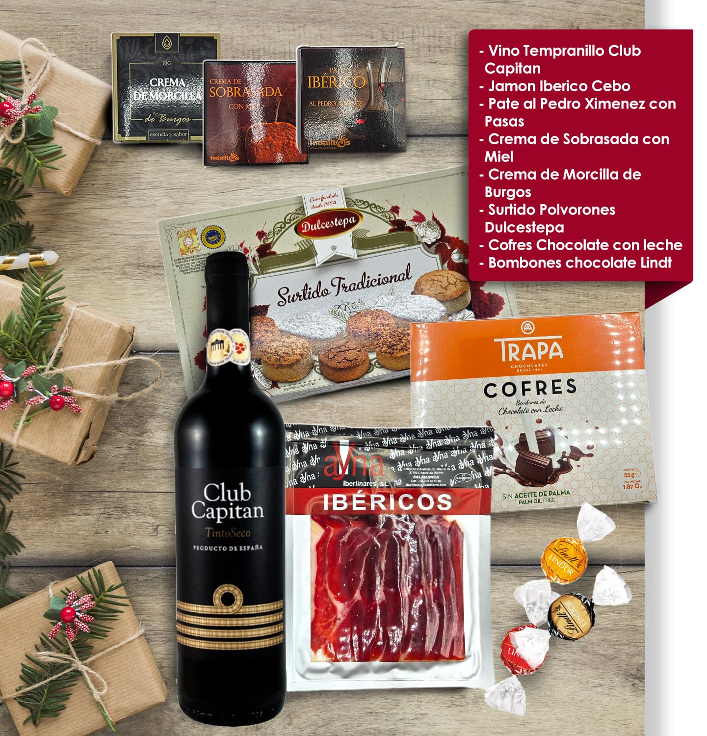 Cesta Gourmet Navidad M+ | Perfecta para Regalar Navidad y Empresas | Jamón Ibérico de Cebo + Vino Tempranillo + Crema de Morcilla y Crema de Sobrasada + Paté PX + Pack Polvorones + Bombones