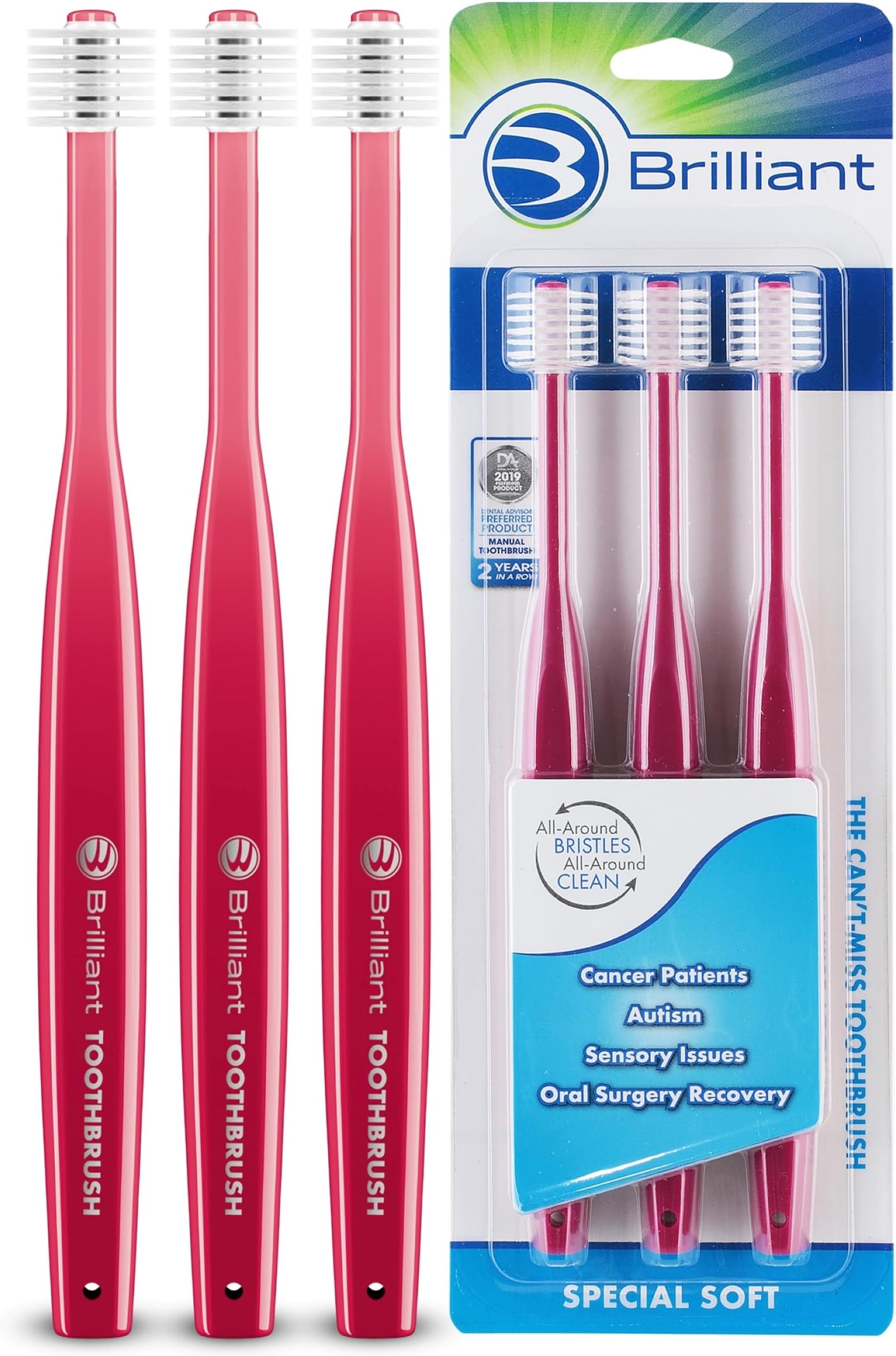 Brilliant Specialty Adult Round Toothbrush for Sensitive Mouths to Support Chemo and Other Sensory Oral Care Needs with Ultra Soft Bristles, Raspberry, 3 Pack