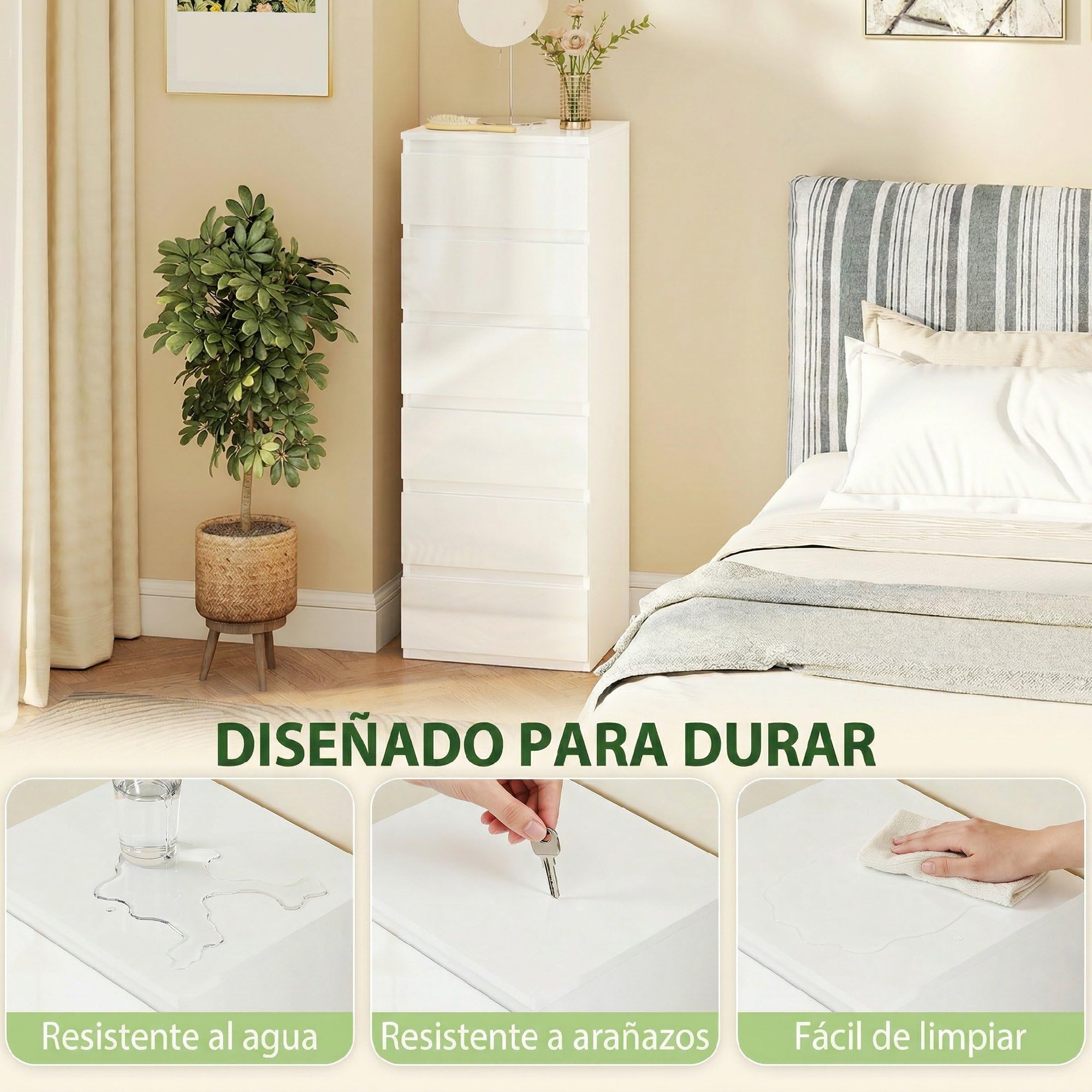 HOMCOM Cómoda 6 Cajones Dormitorio Estrecha 40x35x109 cm Blanco Brillo | Sinfonier, Ahorro Espacio, Cajonera para Sala de Estar, Comedor, Entrada