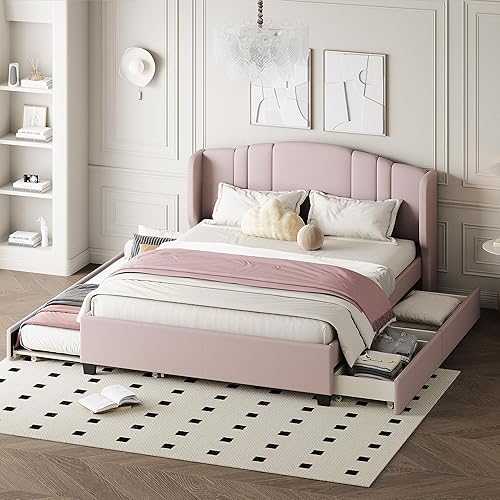 Miniatura 44 de Elegante cama con plataforma tapizada de terciopelo de tamaño Queen con cabecero, para niños, niñas y adolescentes (beige @cabecero/, Queen)