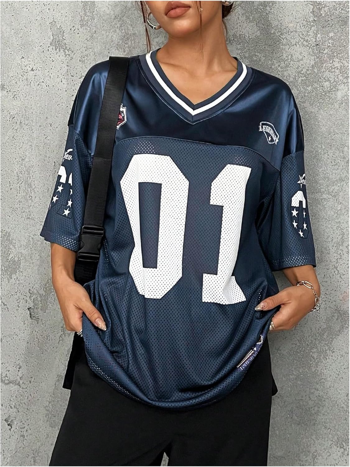 WDIRARA Women's Plus Size Football Jersey Shirts Oversized T Shirt Graphic Letter Print V Neck Short Sleeve Streetwear Top - Image 4