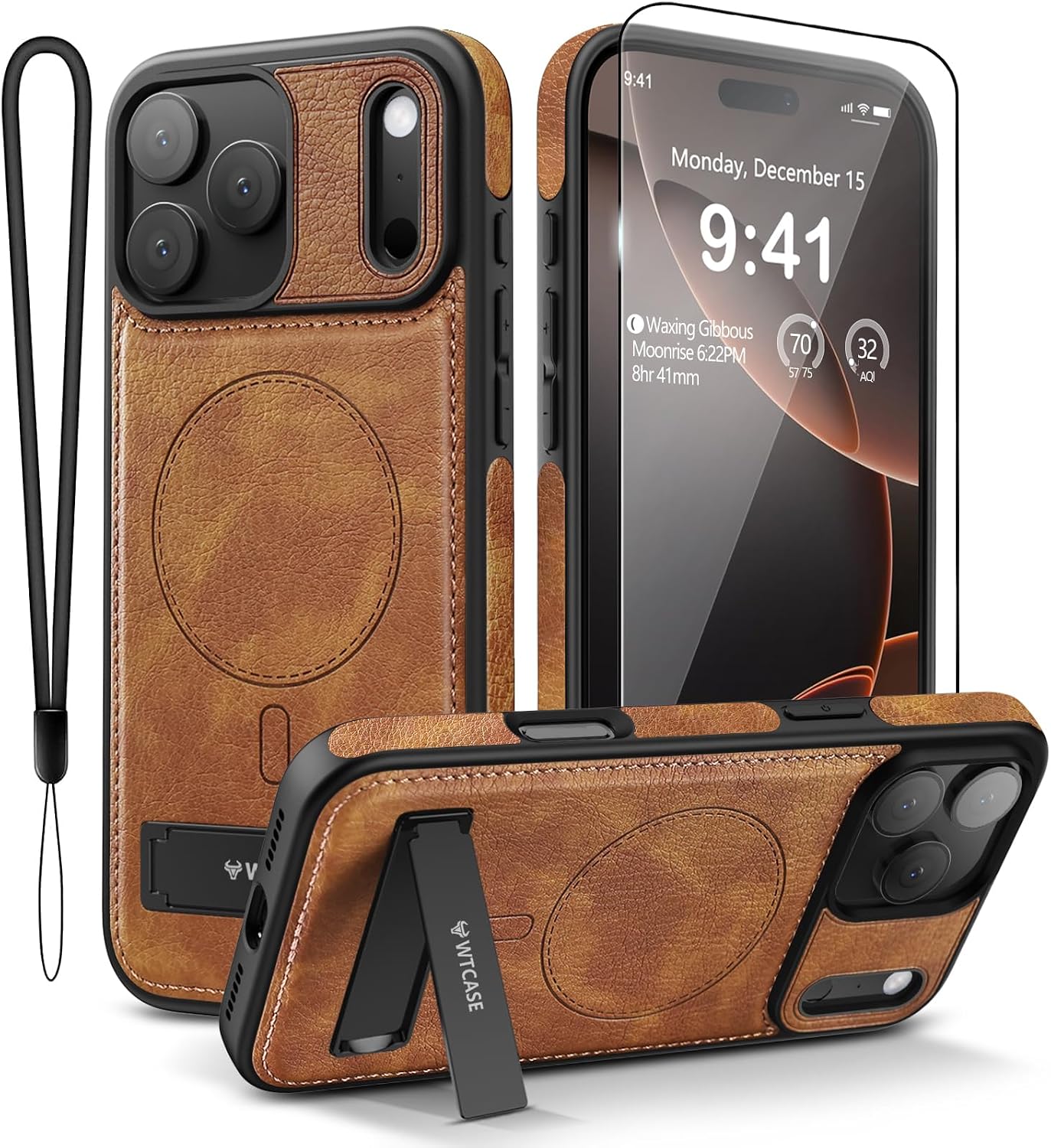  Magnetic for iPhone 18 Pro Max Leather Case,Built-in Invisible Stand [Compatible with Magsafe] Protective Slim Kickstand Phone Cover，Brown