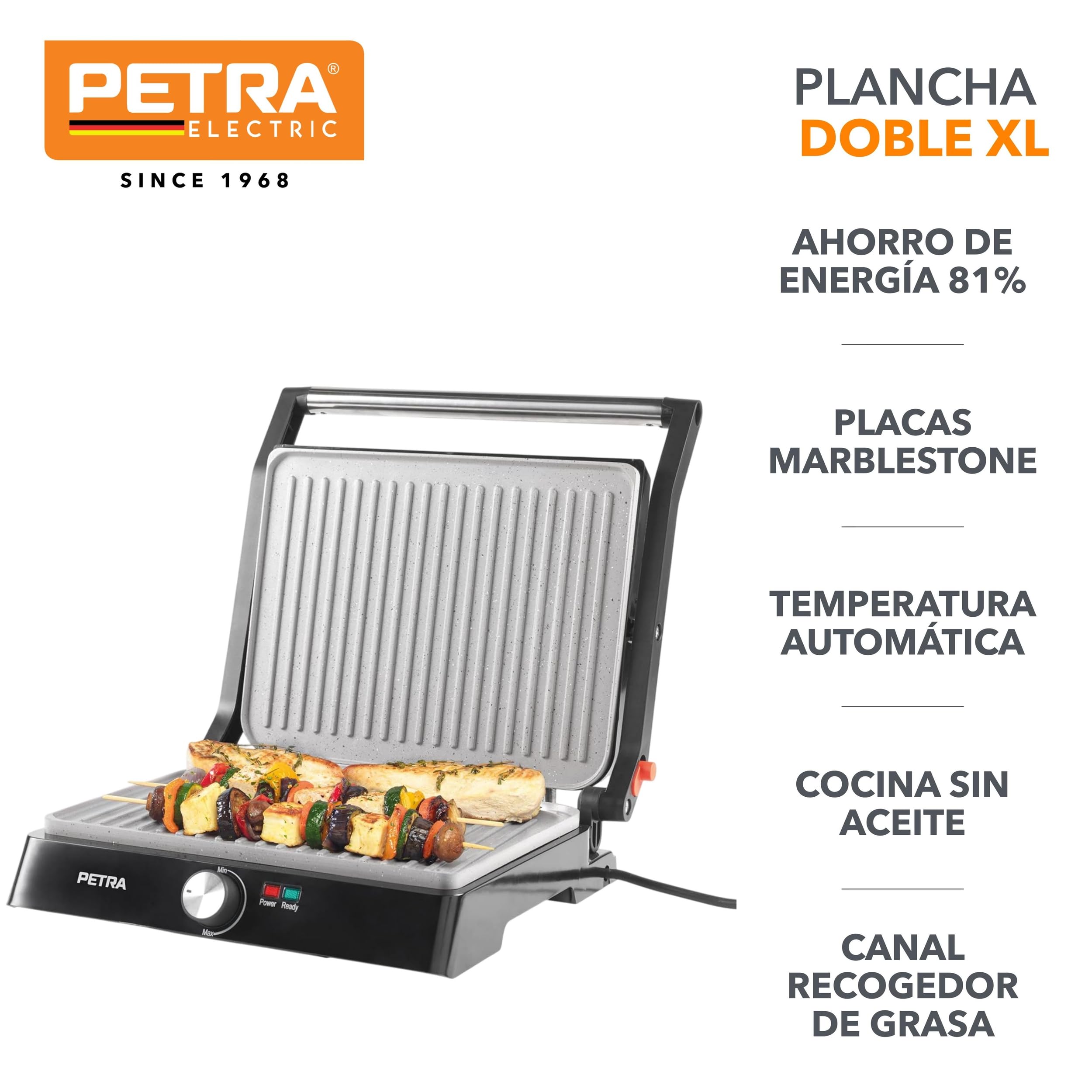Petra PT4076VDEEU10 Plancha sana doble XL 180° con prensa para paninis - placas antiadherentes Marblestone fáciles de limpiar, desplegable, 2 superficies, vegetales, carne y brochetas, sin aceite