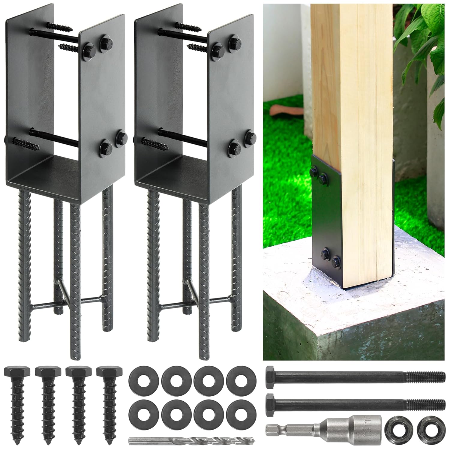 4"x4"(Actual 3.5"x3.5") Stainless Steels U-Shape Post Holder, Wet Concrete Post Anchor, Heavy-Duty Post Base Bracket for Fence, Deck Railing, Wood Gazebo, Pergola (2pack-Dark Gray) 4x4in (Actual 3.5"x3.5") 2
