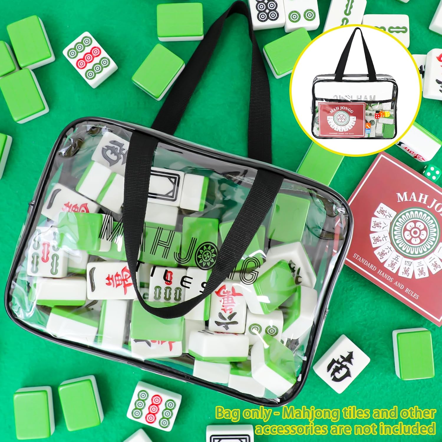Mahjong Tile Bag, Clear PVC Empty Storage Case for American Mahjong Set with Mahjong Cards and Accessories Compartment, Mahjong Tiles Travel Carrying Bags for Mah Jong Lover Gifts, Case Only