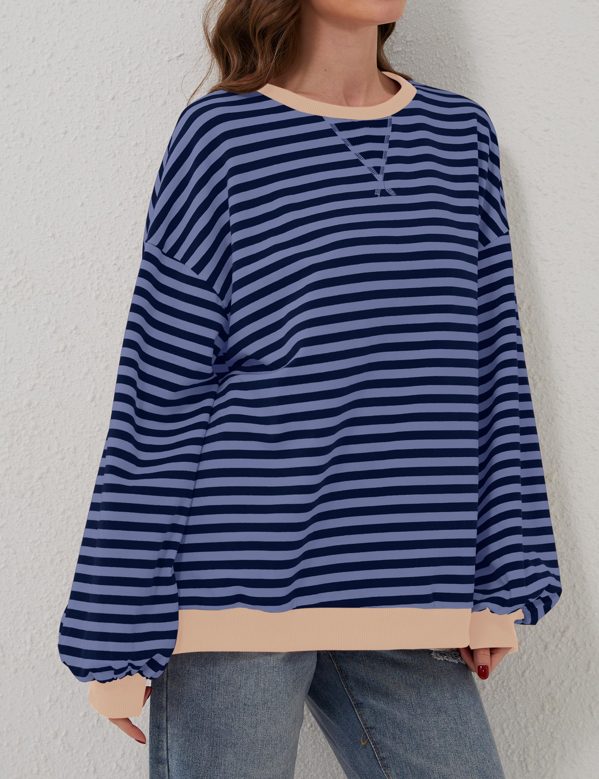 Chicrise Felpa Donna Oversize A Righe Maglia Maniche Lunghe Scollo Rotondo Pullover Autunno Casual