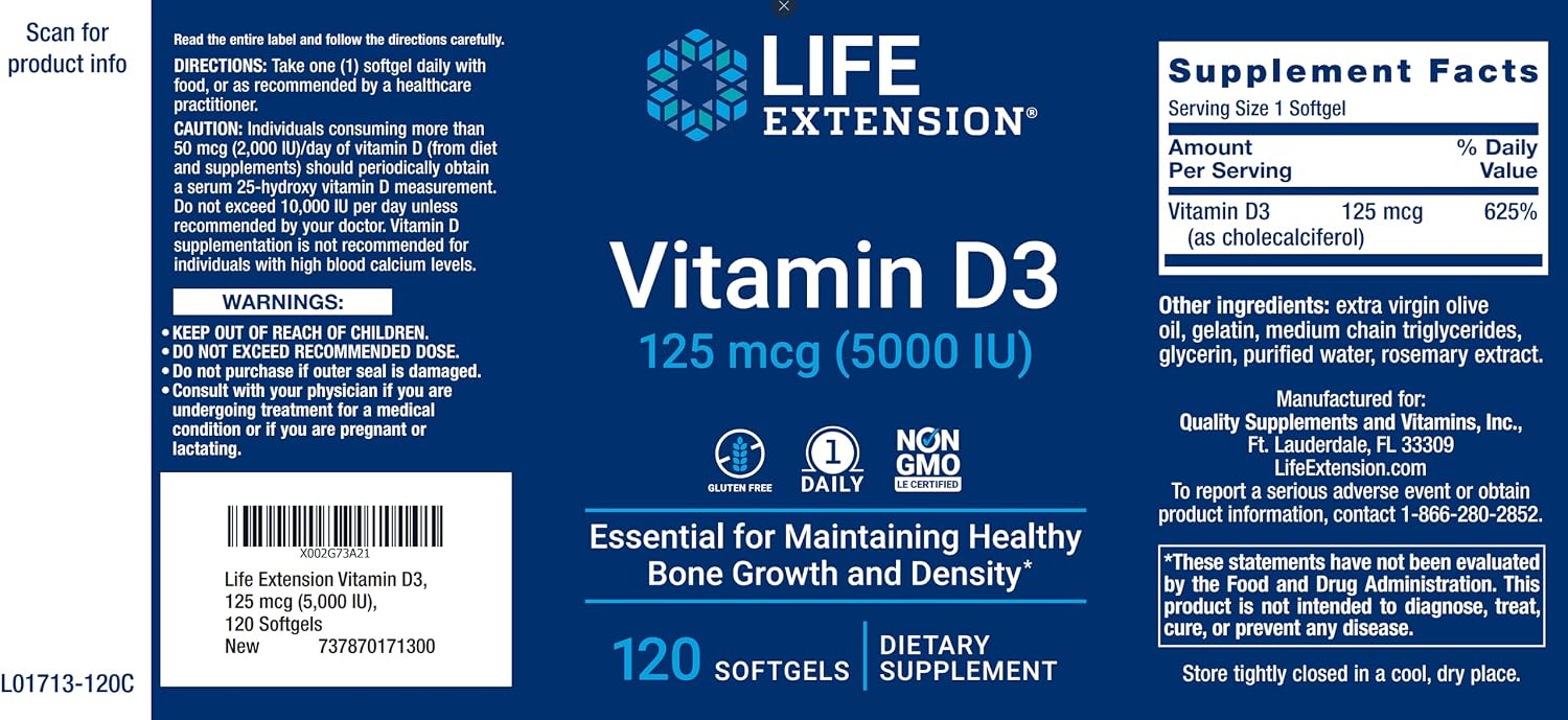Life Extension Vitamin D3 5000 IU, 120 Softgels, 125mcg