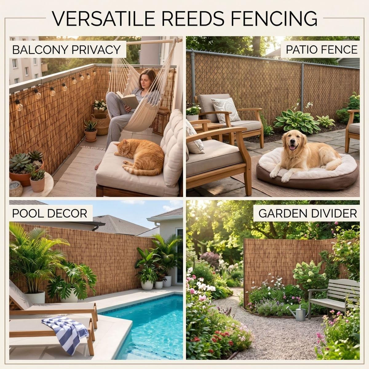 Brise Vue en Roseau Naturel pour Balcon Extérieur 100/120/130/150/180 cm Canisse Bambou avec Attaches pour Terrasse Pergola Rouleau de Clôture Intimité Pare Soleil Coupe Vent(Blanc,H90xL350cm)