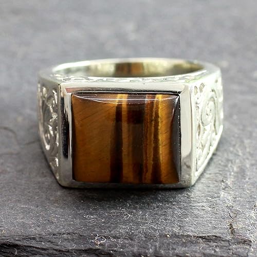 Miniatura 3 de NOVICA Artisan - Anillo de ojo de tigre hecho a mano para hombre, hecho a mano, plata de ley 925, marrón, piedra única, "Warmth"