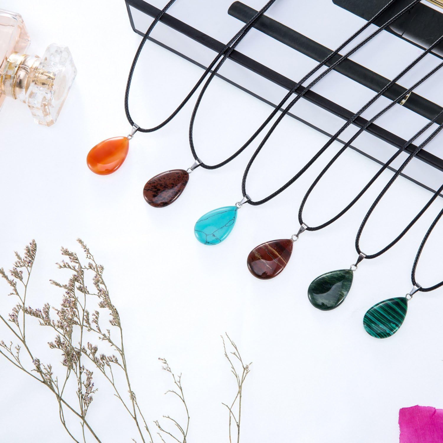 Outus 20 Pieces Stone Pendants Water Drop Shape Beads Crystal Quartz Stone Charm with 18 Inch Imitation Leather Cord Chain for Necklace Jewelry Making